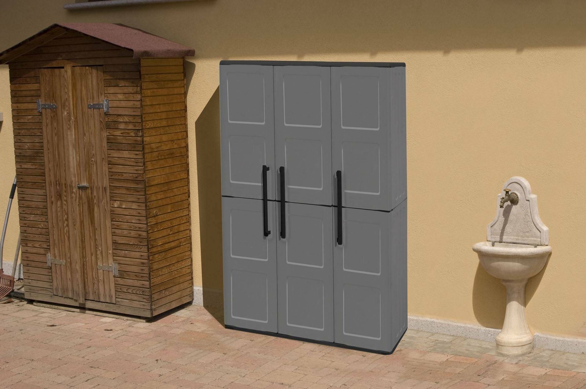 Dmora - Armoire d'extérieur Bilzen, Mobilier d'extérieur, Armoire de balcon polyvalente, Gris et Noir, Finition à carreaux, 102x37h163 cm - Dmora - Imagen 5