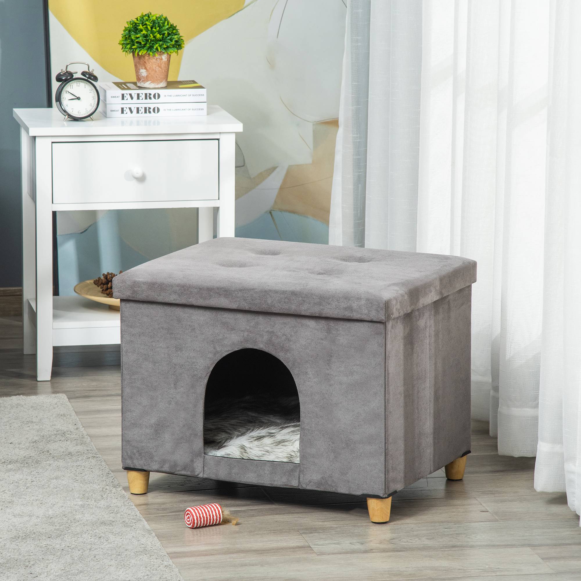Niche chat surélevée bois MDF design repose-pieds coussin lavable 60x45x44cm gris - ComfortXL Outdoor Living - Image 4