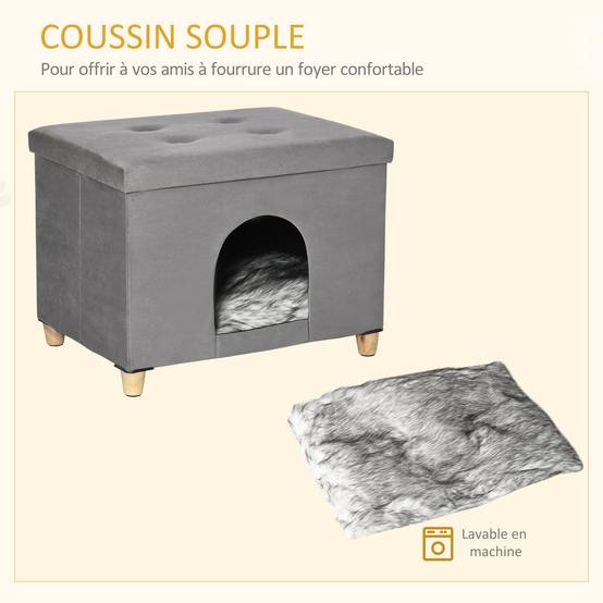 Niche chat surélevée bois MDF design repose-pieds coussin lavable 60x45x44cm gris - ComfortXL Outdoor Living - Image 9