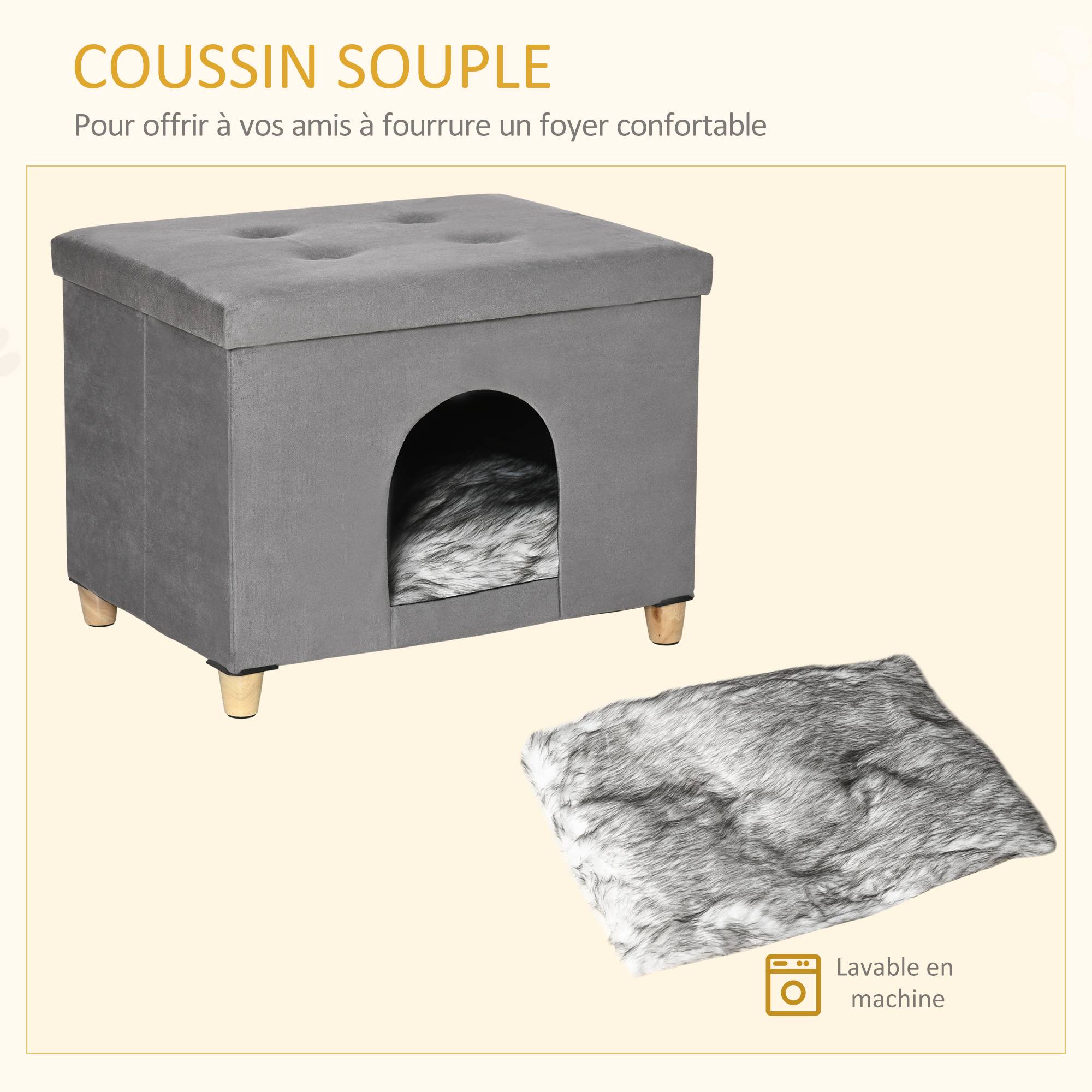 Niche chat surélevée bois MDF design repose-pieds coussin lavable 60x45x44cm gris - ComfortXL Outdoor Living - Image 9