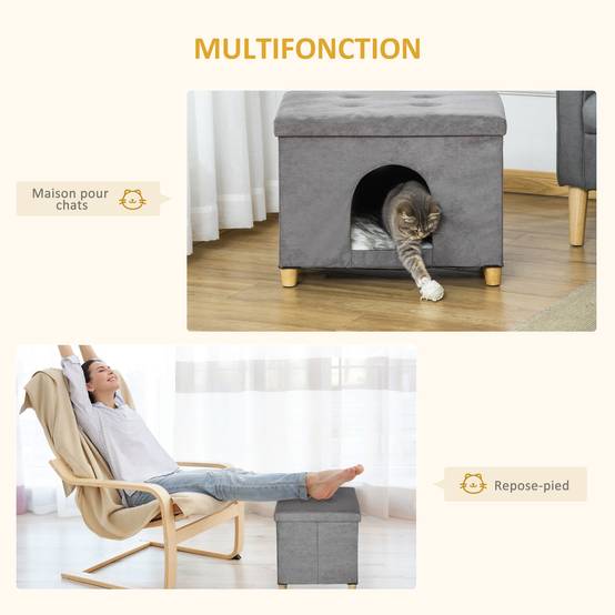 Niche chat surélevée bois MDF design repose-pieds coussin lavable 60x45x44cm gris - ComfortXL Outdoor Living - Image 6