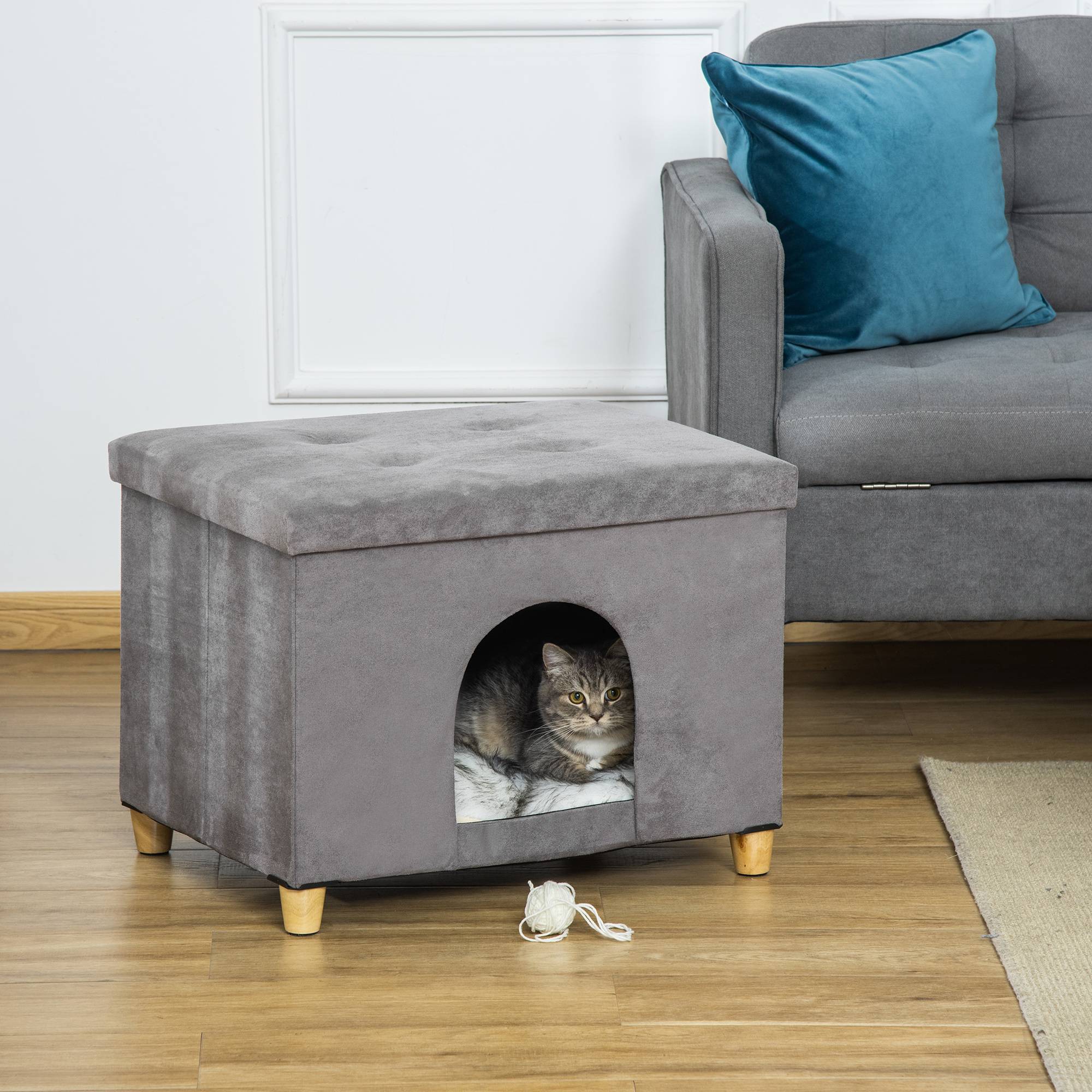 Niche chat surélevée bois MDF design repose-pieds coussin lavable 60x45x44cm gris - ComfortXL Outdoor Living - Image 3