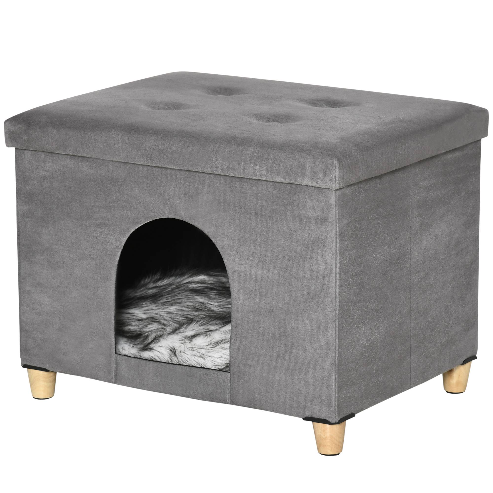 Niche chat surélevée bois MDF design repose-pieds coussin lavable 60x45x44cm gris - ComfortXL Outdoor Living - Image 2