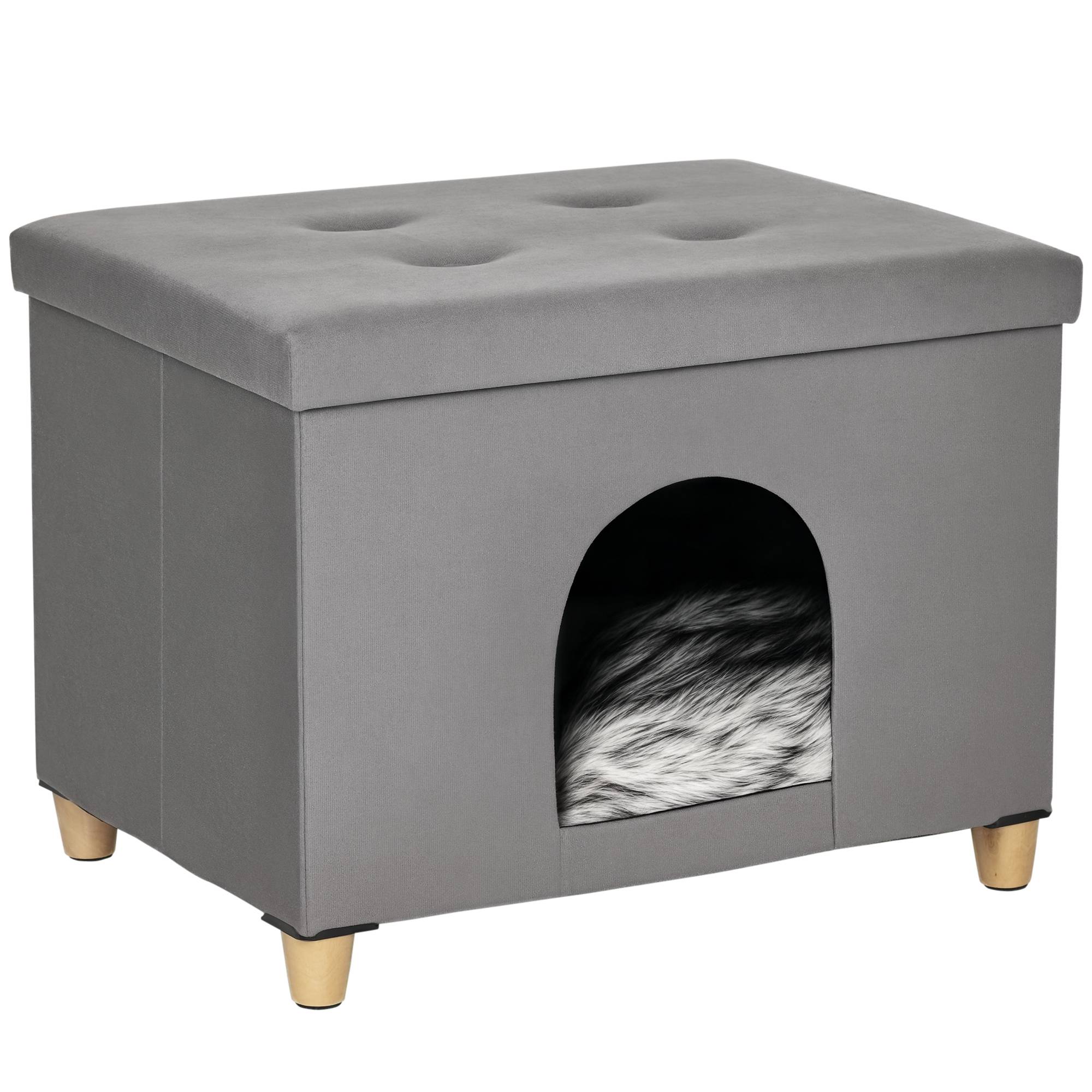 Niche chat surélevée bois MDF design repose-pieds coussin lavable 60x45x44cm gris - ComfortXL Outdoor Living - Image 1