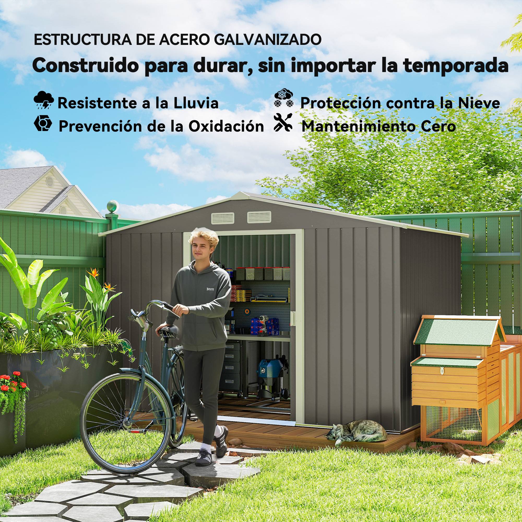 Remise de jardin acier laqué extérieur stockage outils 277x195cm gris - ComfortXL Outdoor Living - Image 6