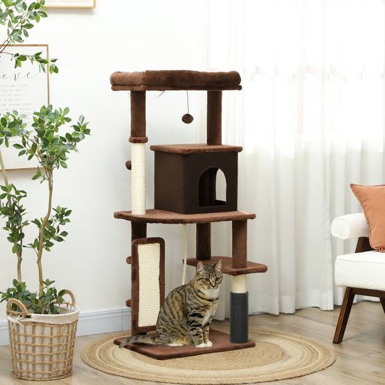 Arbre à Chat Grande Taille en Bois pour Intérieur avec Niche et Griffoirs 132 cm Marron - ComfortXL Outdoor Living - Image 3