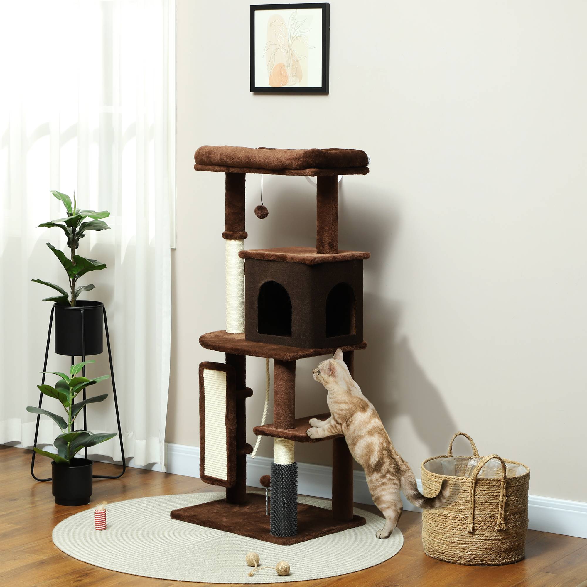 Arbre à Chat Grande Taille en Bois pour Intérieur avec Niche et Griffoirs 132 cm Marron - ComfortXL Outdoor Living - Image 4
