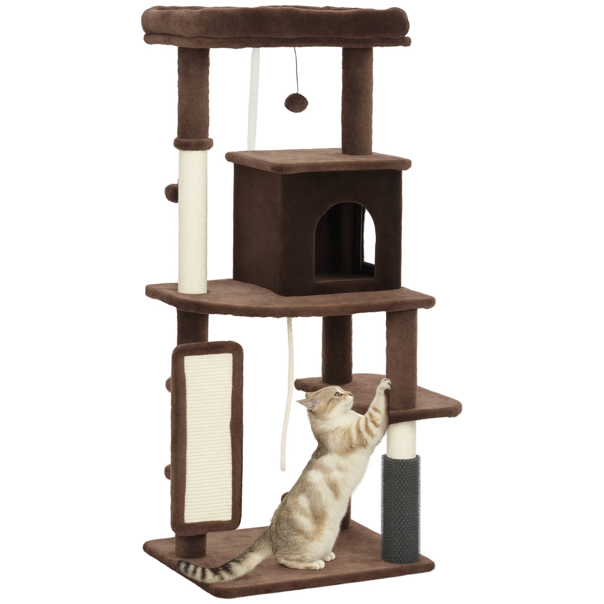 Arbre à Chat Grande Taille en Bois pour Intérieur avec Niche et Griffoirs 132 cm Marron - ComfortXL Outdoor Living - Image 1