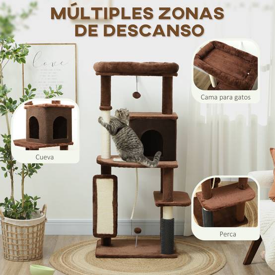 Arbre à Chat Grande Taille en Bois pour Intérieur avec Niche et Griffoirs 132 cm Marron - ComfortXL Outdoor Living - Image 6