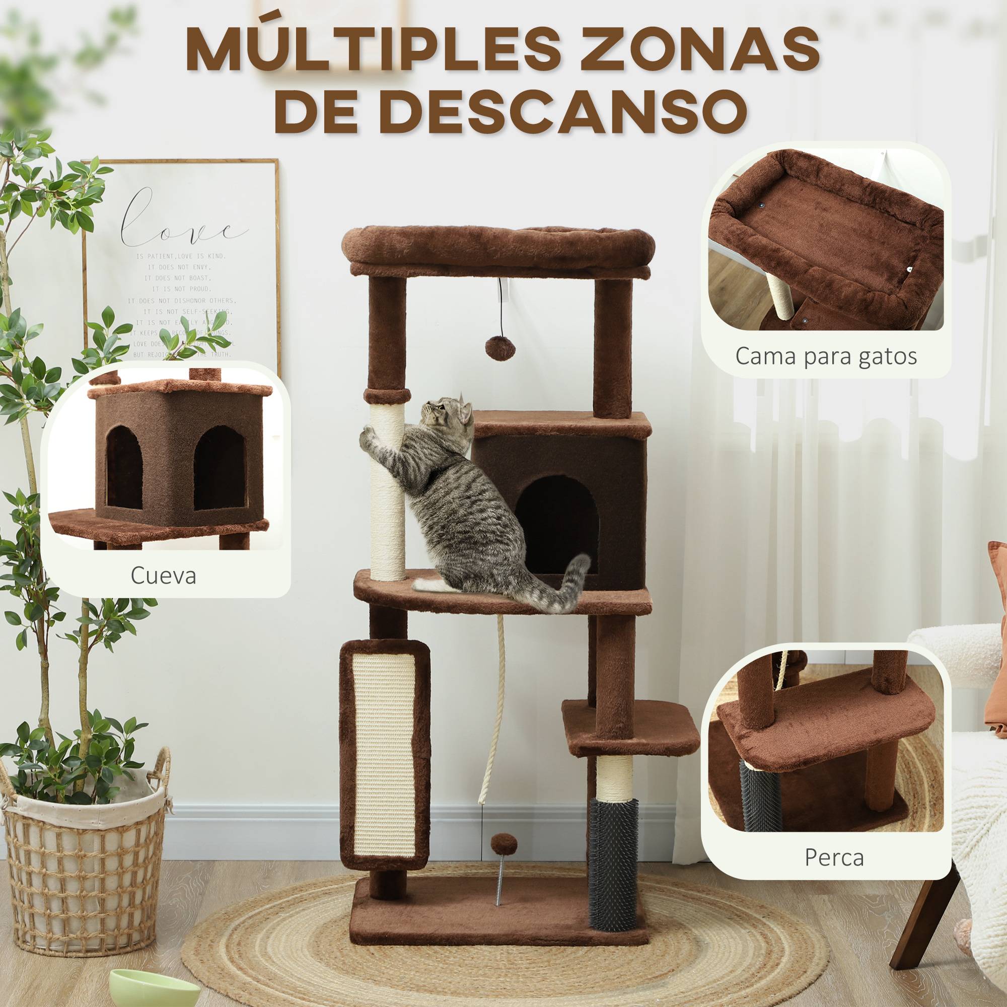 Arbre à Chat Grande Taille en Bois pour Intérieur avec Niche et Griffoirs 132 cm Marron - ComfortXL Outdoor Living - Image 6