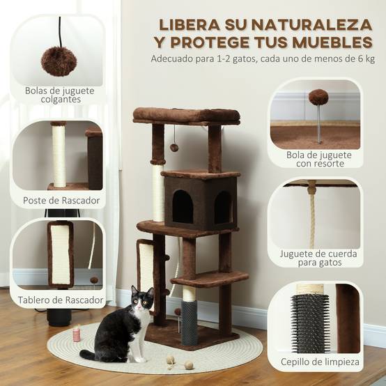 Arbre à Chat Grande Taille en Bois pour Intérieur avec Niche et Griffoirs 132 cm Marron - ComfortXL Outdoor Living - Image 7