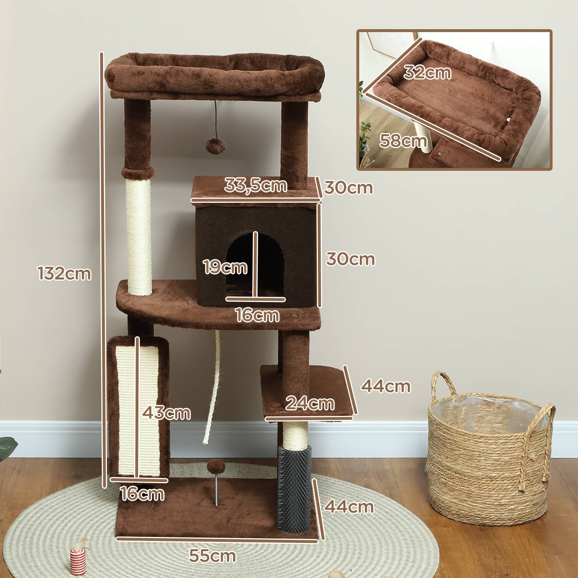Arbre à Chat Grande Taille en Bois pour Intérieur avec Niche et Griffoirs 132 cm Marron - ComfortXL Outdoor Living - Image 5