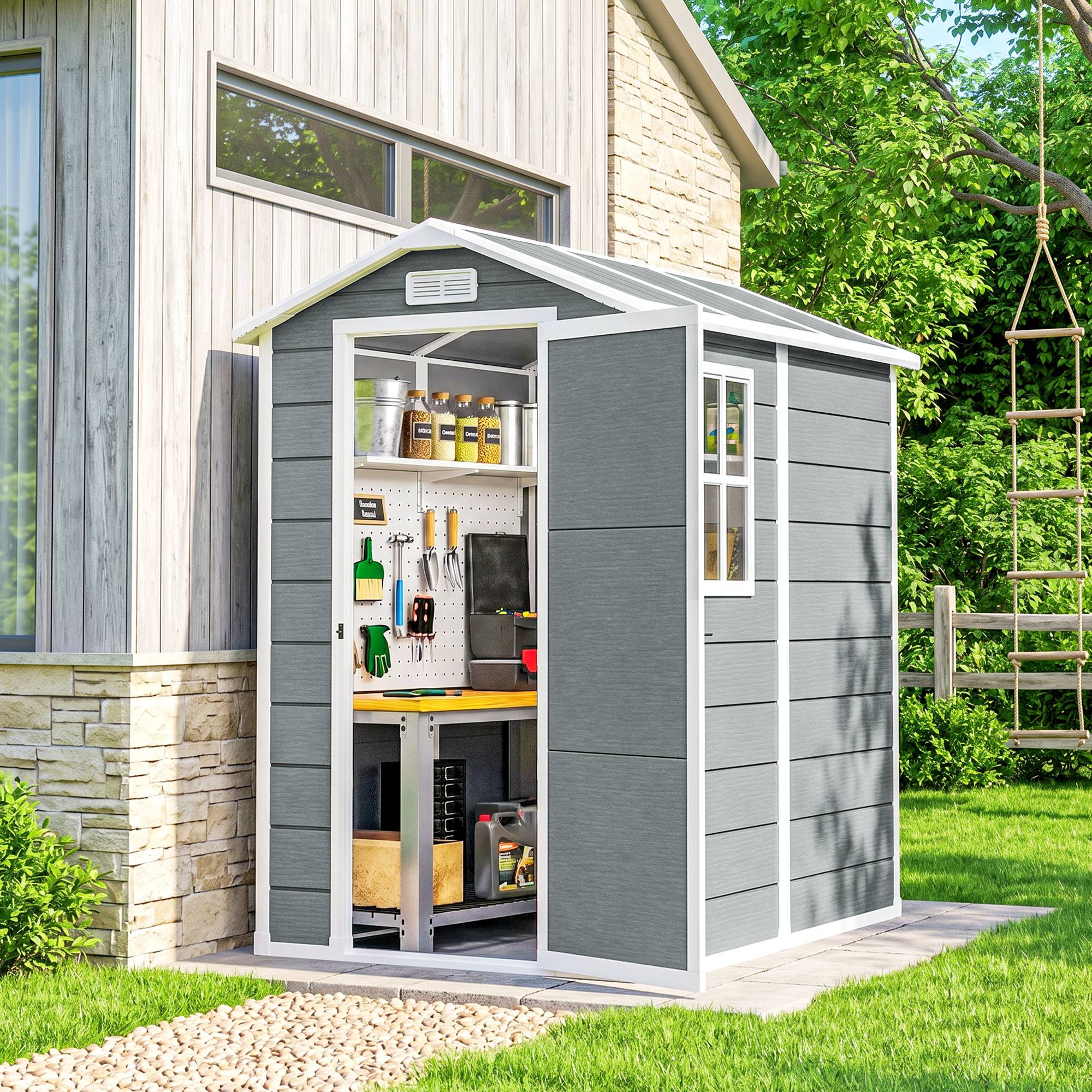 ComfortXL - Abri de jardin en résine polypropylène gris 131 x 186 x 198 cm avec plancher fenêtre porte verrouillable extérieur - Image 3