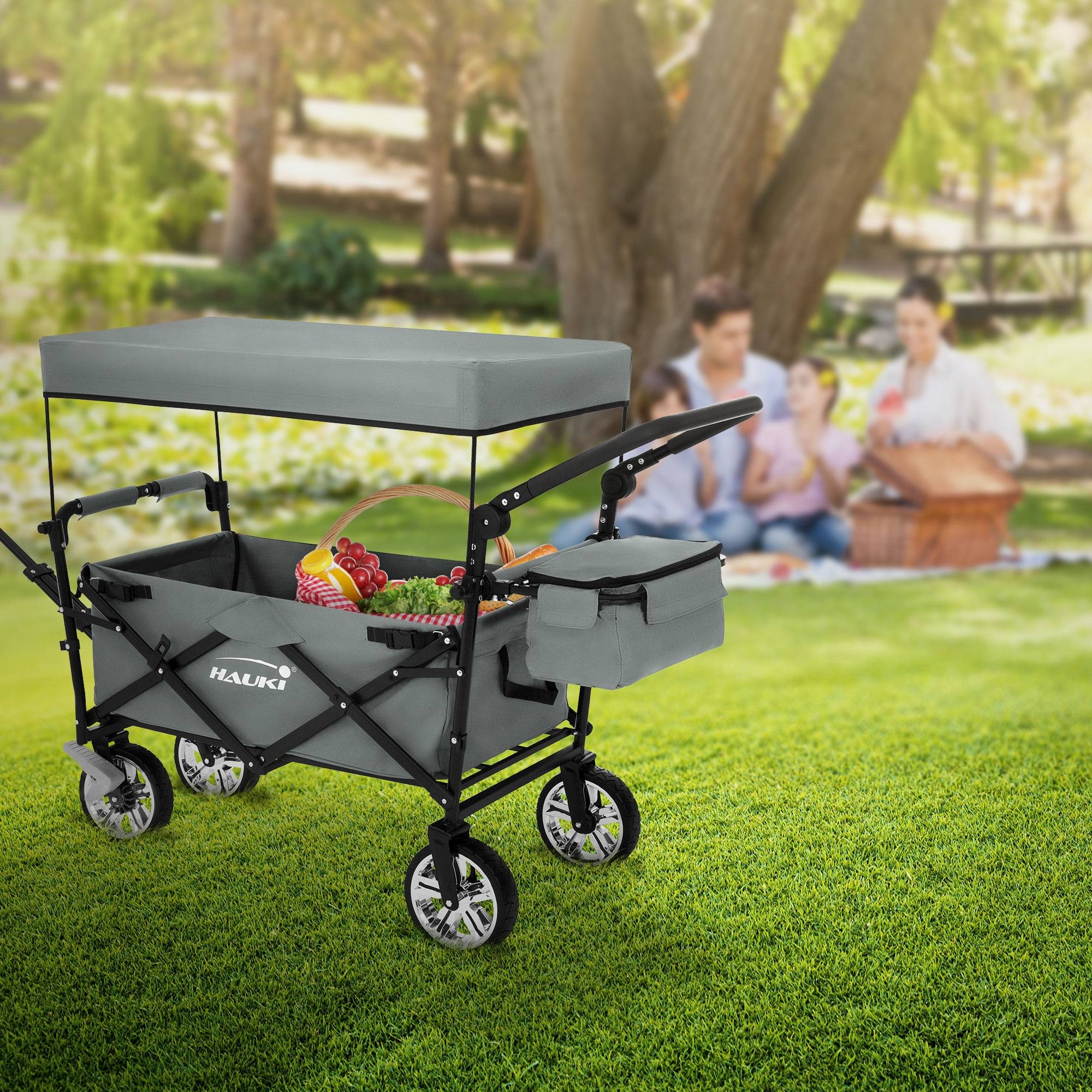Chariot pliable avec toit gris poussette de plage avec poches et siège à 2 places roulette avec freins pivotante 360° charge 120 kg pour enfant/outils - Imagen 1