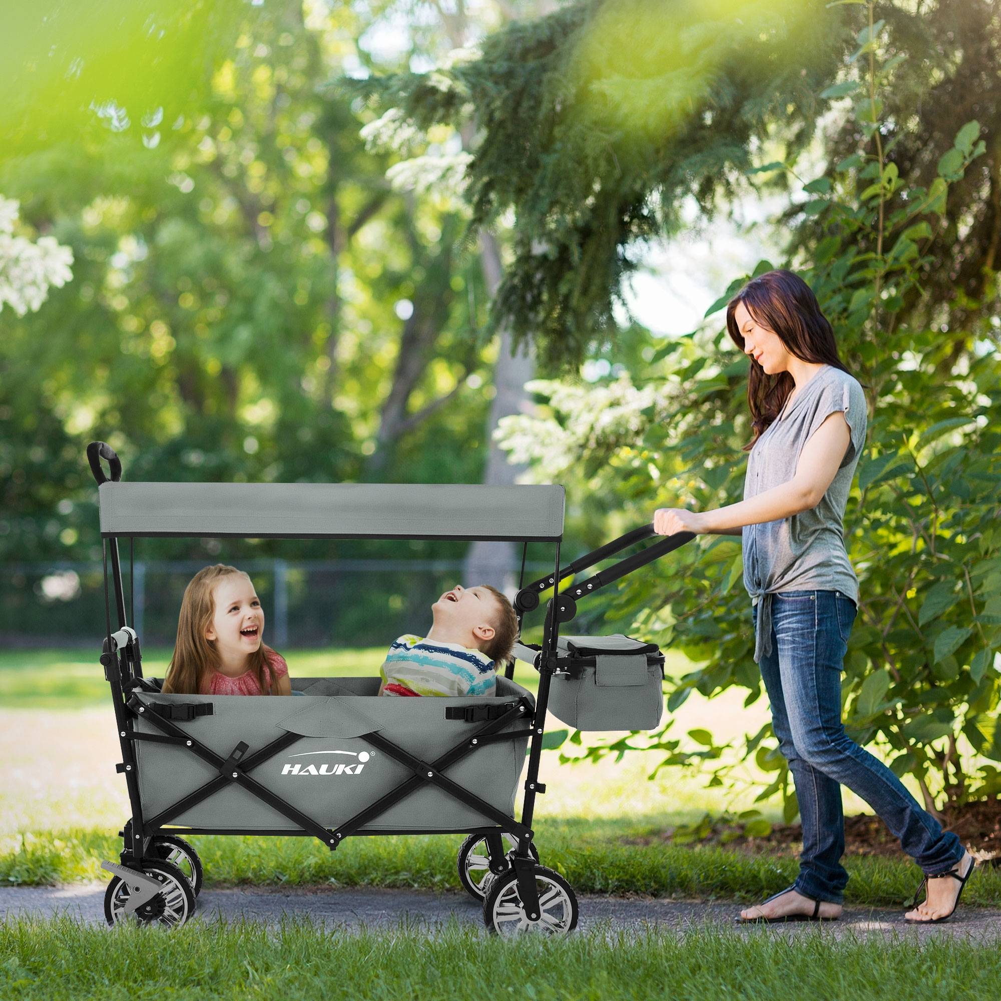 Chariot pliable avec toit gris poussette de plage avec poches et siège à 2 places roulette avec freins pivotante 360° charge 120 kg pour enfant/outils - Imagen 10