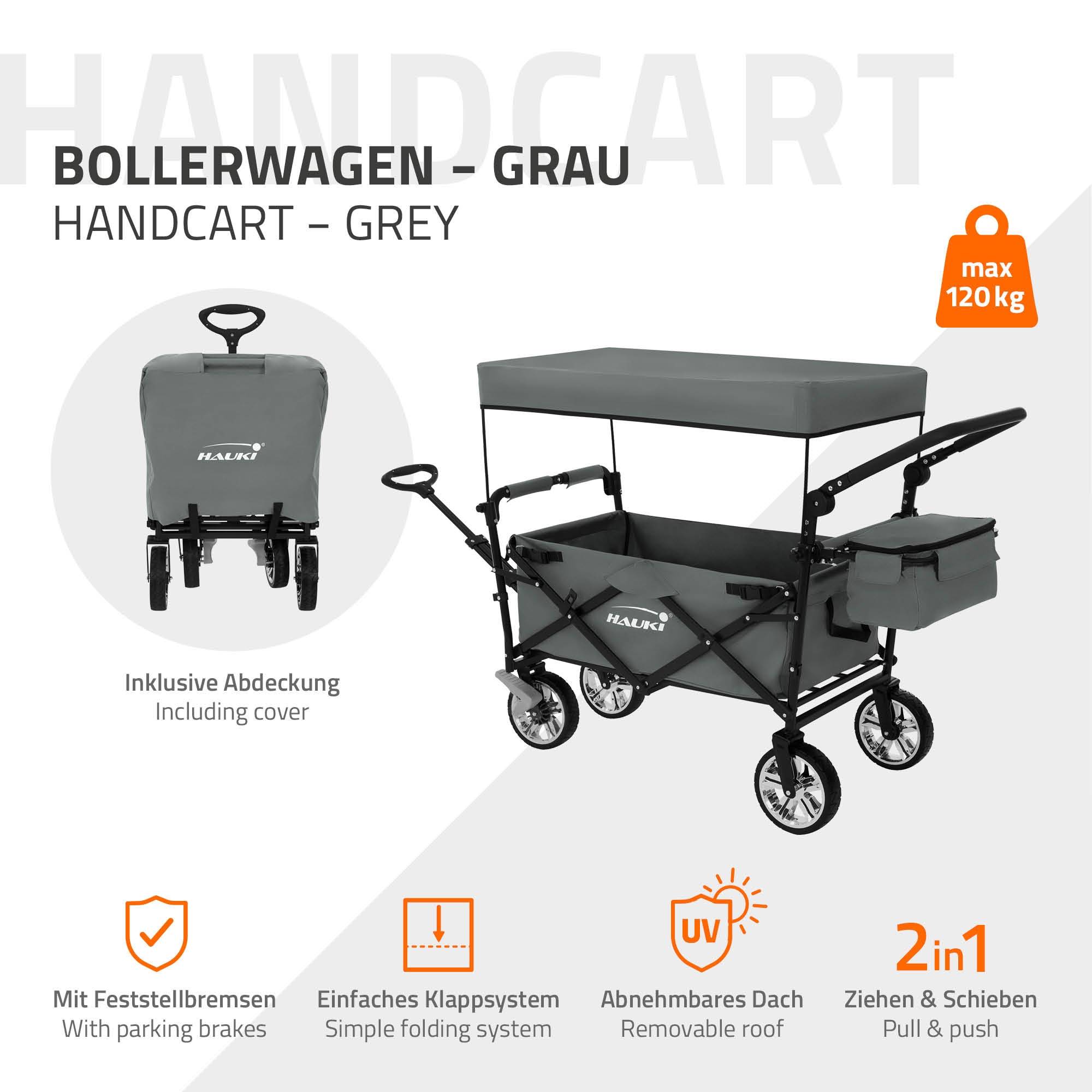 Chariot pliable avec toit gris poussette de plage avec poches et siège à 2 places roulette avec freins pivotante 360° charge 120 kg pour enfant/outils - Imagen 3