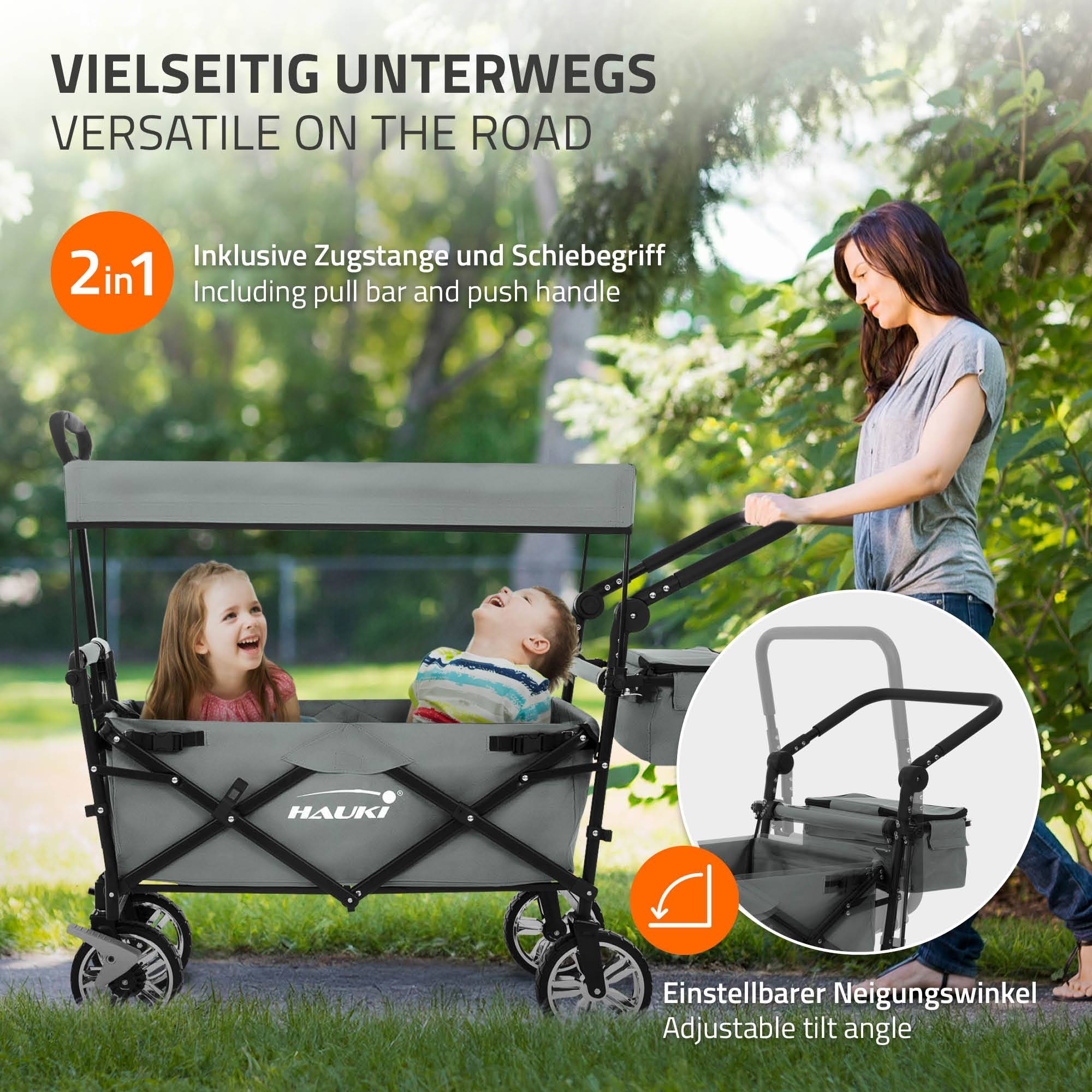 Chariot pliable avec toit gris poussette de plage avec poches et siège à 2 places roulette avec freins pivotante 360° charge 120 kg pour enfant/outils - Imagen 8