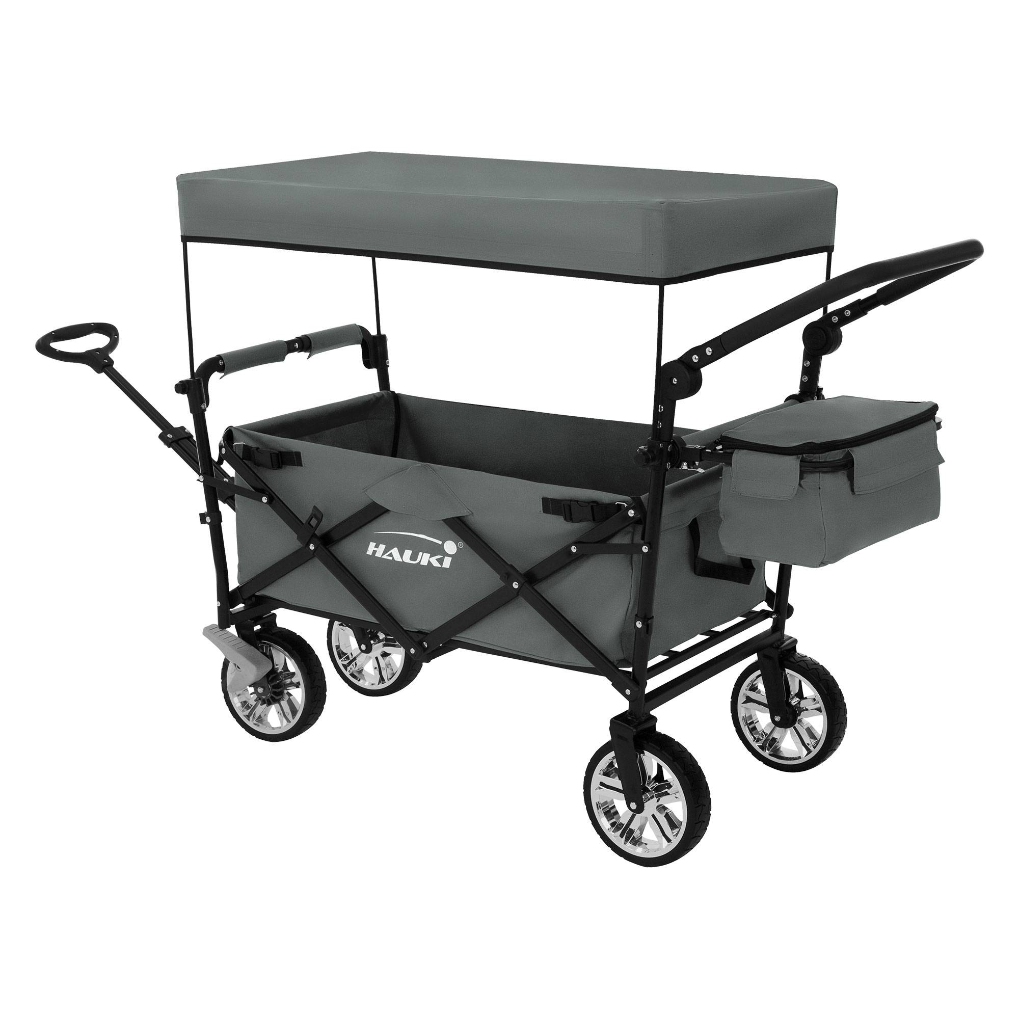 Chariot pliable avec toit gris poussette de plage avec poches et siège à 2 places roulette avec freins pivotante 360° charge 120 kg pour enfant/outils - Imagen 2