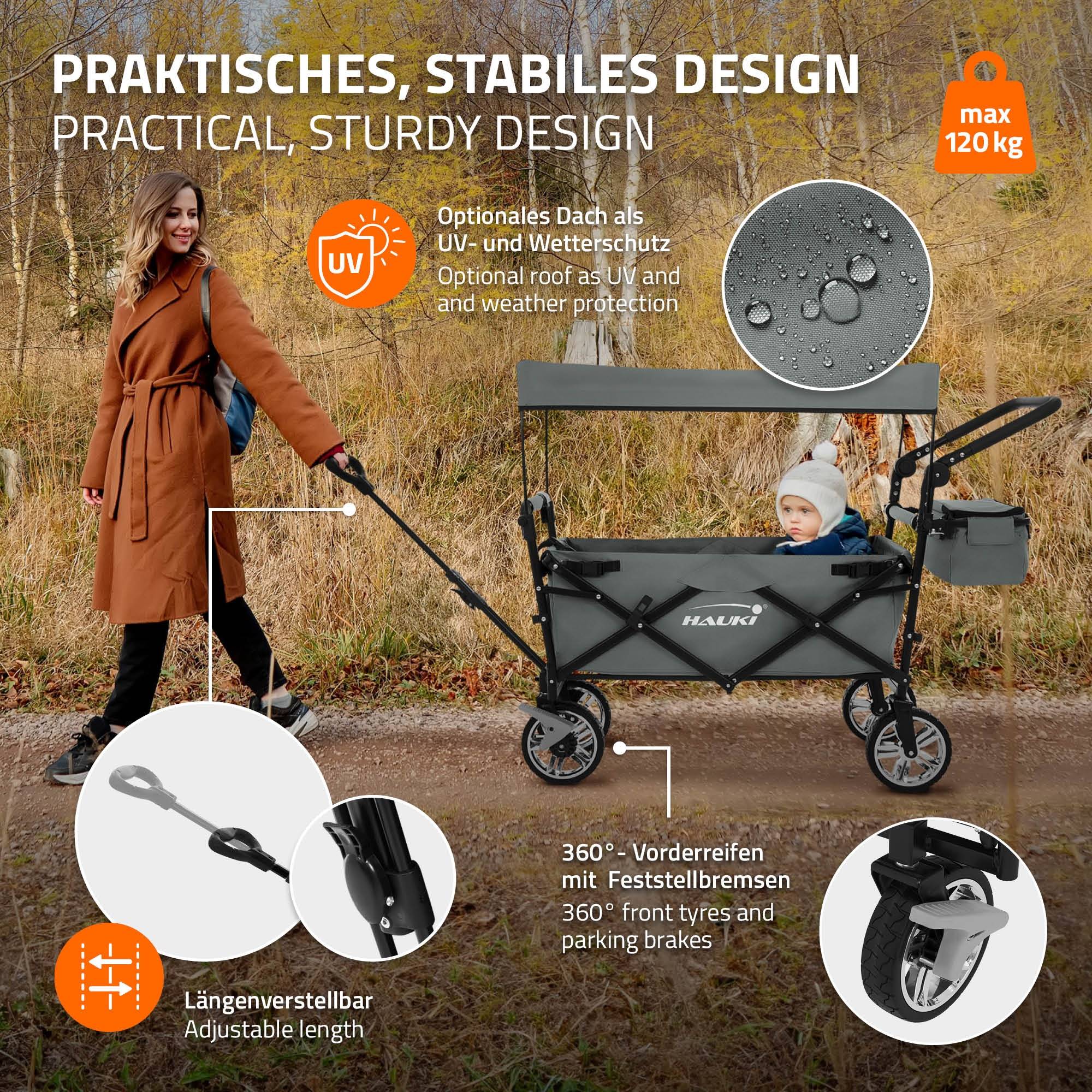 Chariot pliable avec toit gris poussette de plage avec poches et siège à 2 places roulette avec freins pivotante 360° charge 120 kg pour enfant/outils - Imagen 4