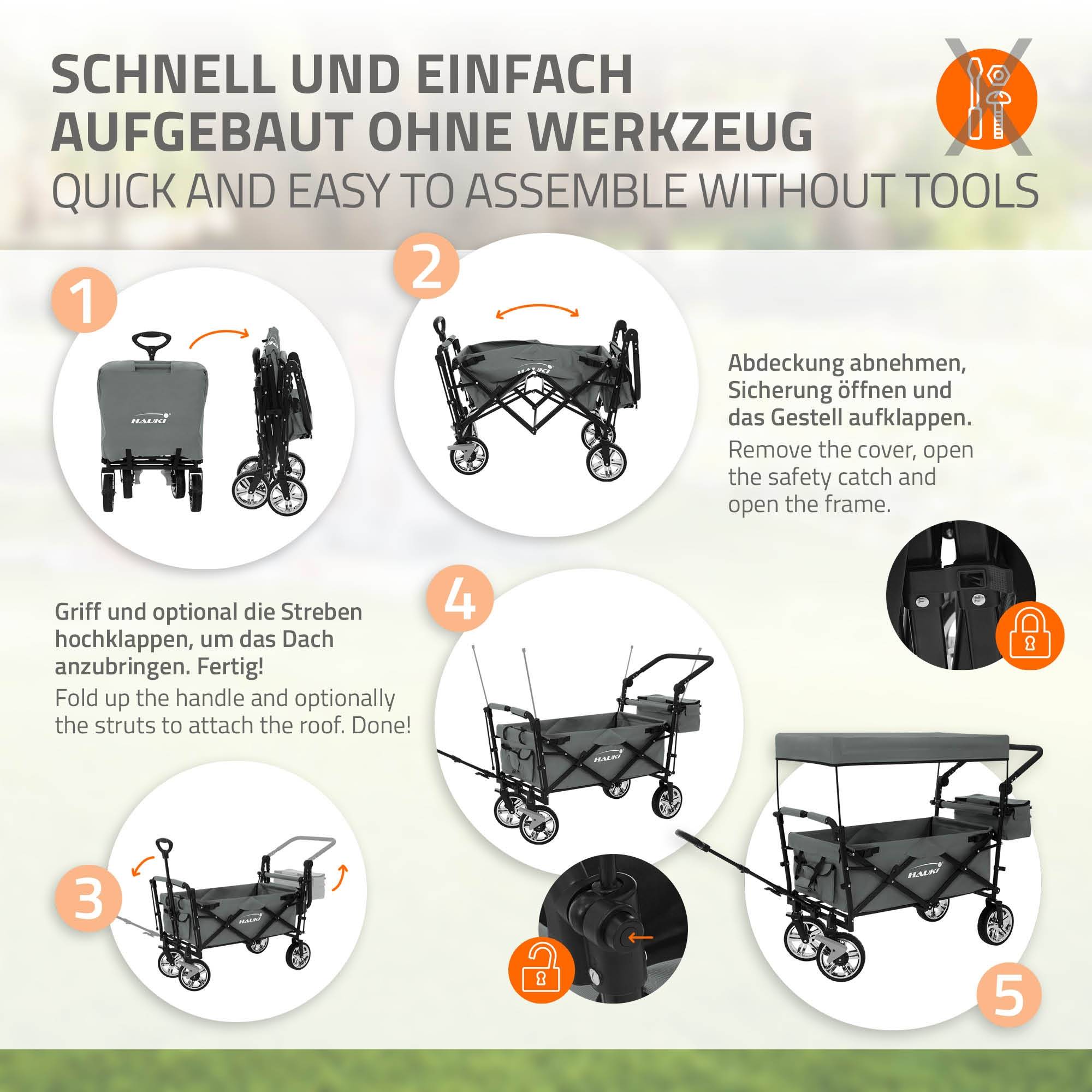 Chariot pliable avec toit gris poussette de plage avec poches et siège à 2 places roulette avec freins pivotante 360° charge 120 kg pour enfant/outils - Imagen 5