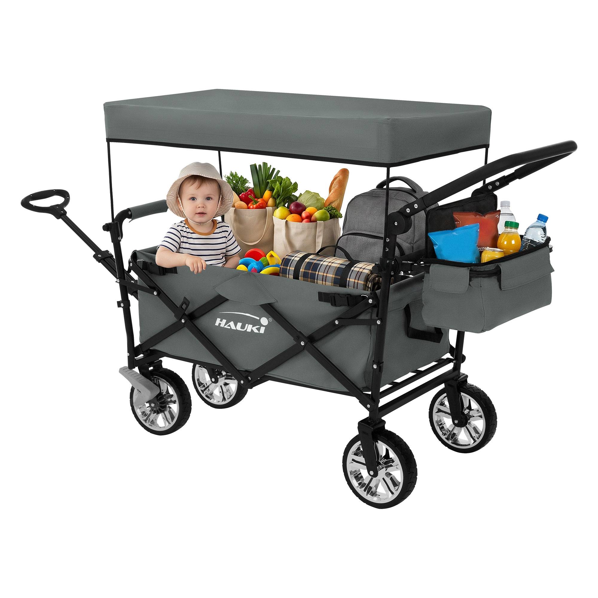 Chariot pliable avec toit gris poussette de plage avec poches et siège à 2 places roulette avec freins pivotante 360° charge 120 kg pour enfant/outils - Imagen 9