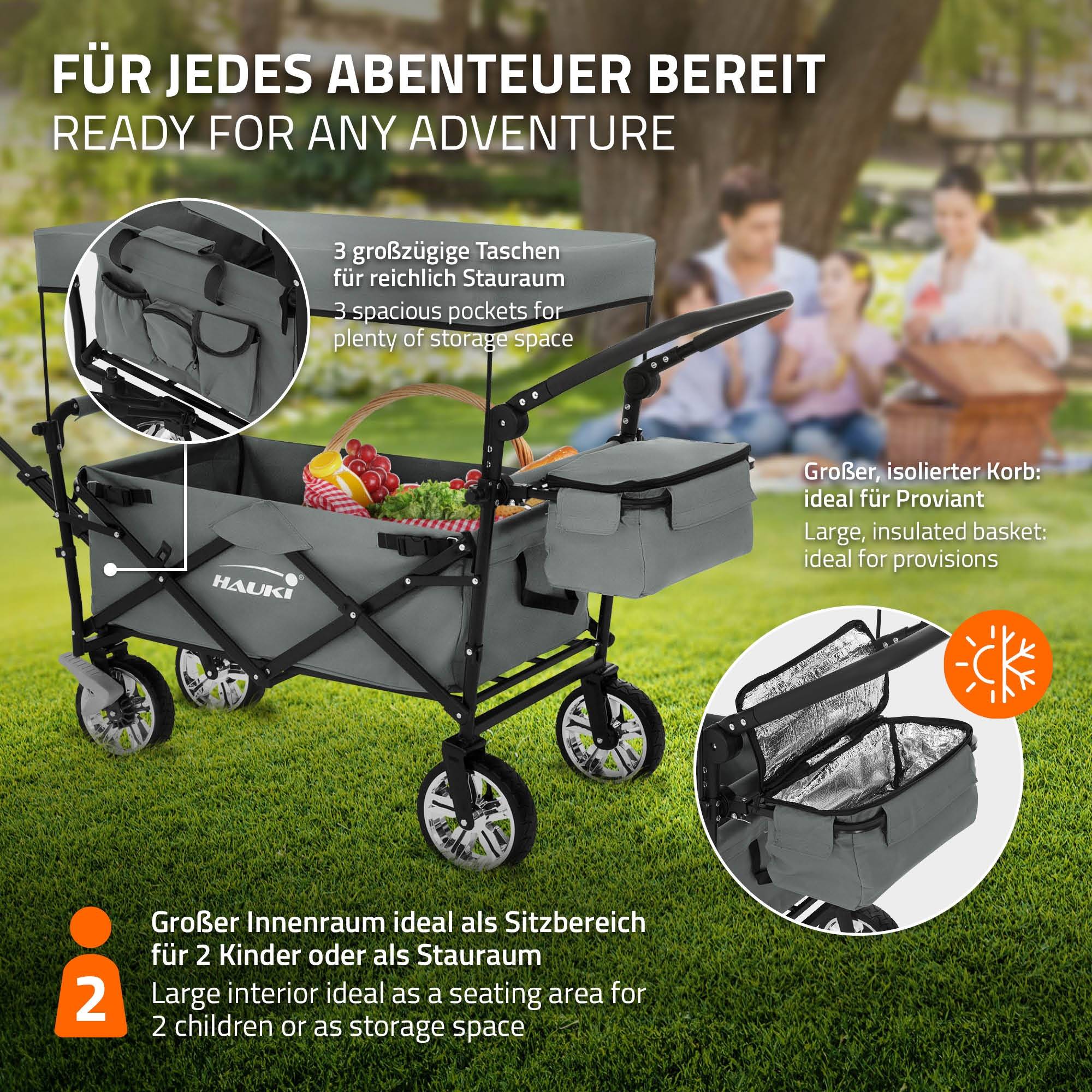 Chariot pliable avec toit gris poussette de plage avec poches et siège à 2 places roulette avec freins pivotante 360° charge 120 kg pour enfant/outils - Imagen 6