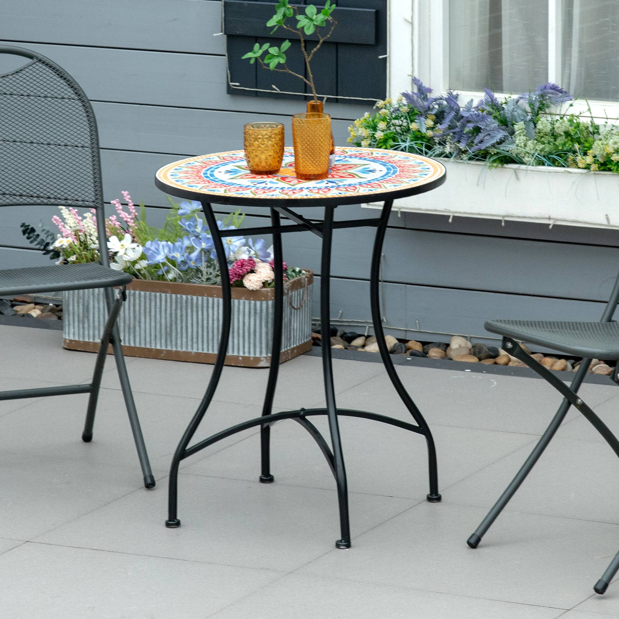 Table de jardin ronde Ø60 cm en métal, résistante aux intempéries, rouge bleu blanc - Image 3