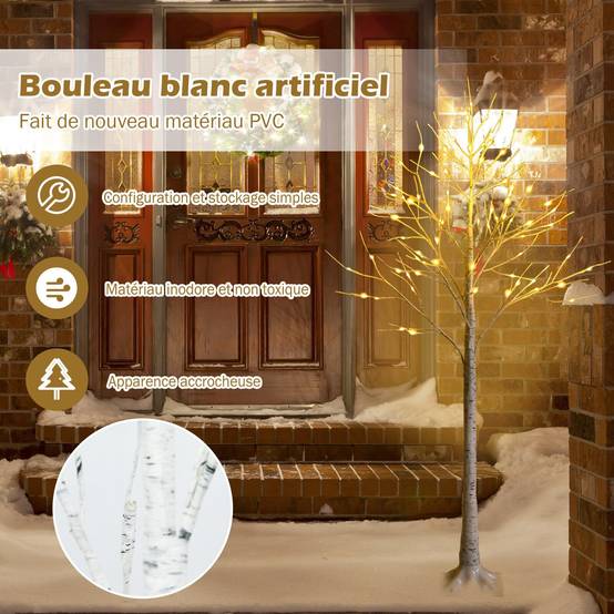 Arbre de Bouleau Artificiel 150cm avec 72 Lumières LED Blanc Chaud (150 CM) - Image 1