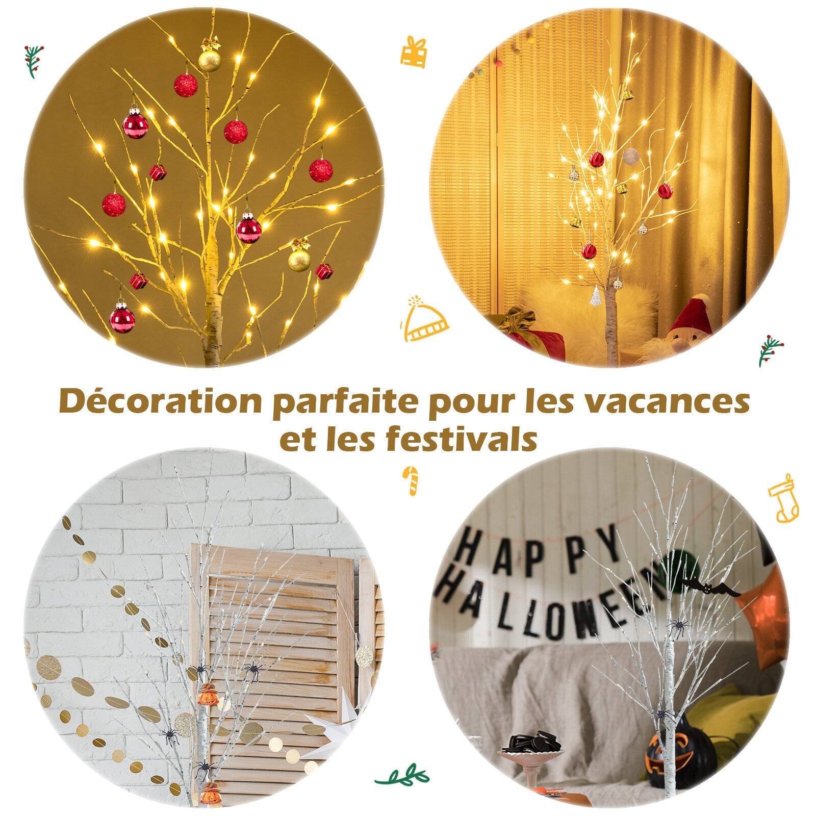 Arbre de Bouleau Artificiel 150cm avec 72 Lumières LED Blanc Chaud (150 CM) - Image 2