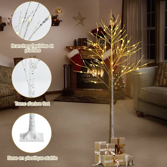 Arbre de Bouleau Artificiel 150cm avec 72 Lumières LED Blanc Chaud (150 CM) - Image 3