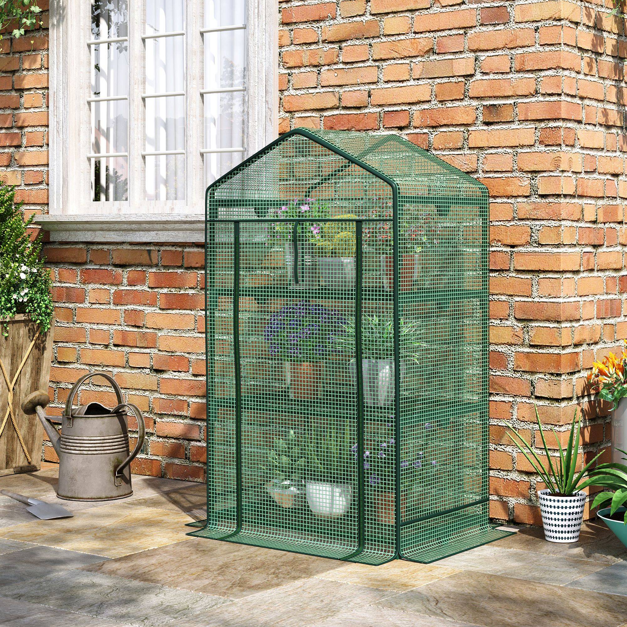 Mini serre balcon métal PE culture plantes 3 étagères porte zippée 69x49x125cm vert - ComfortXL Outdoor Living - Image 3
