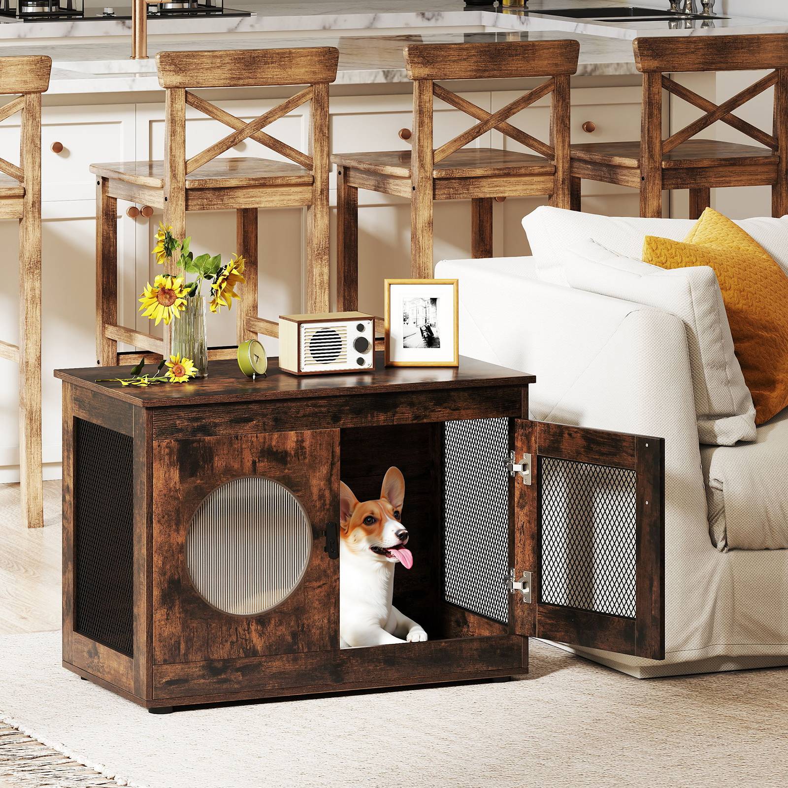 2 en 1 Cage pour Chien en Bois, Fenêtre Translucide, Verrouillage de Sécurité, Niche pour Chien Interieur, pour Petits & Moyens Chien, Brun Industriel - Image 3