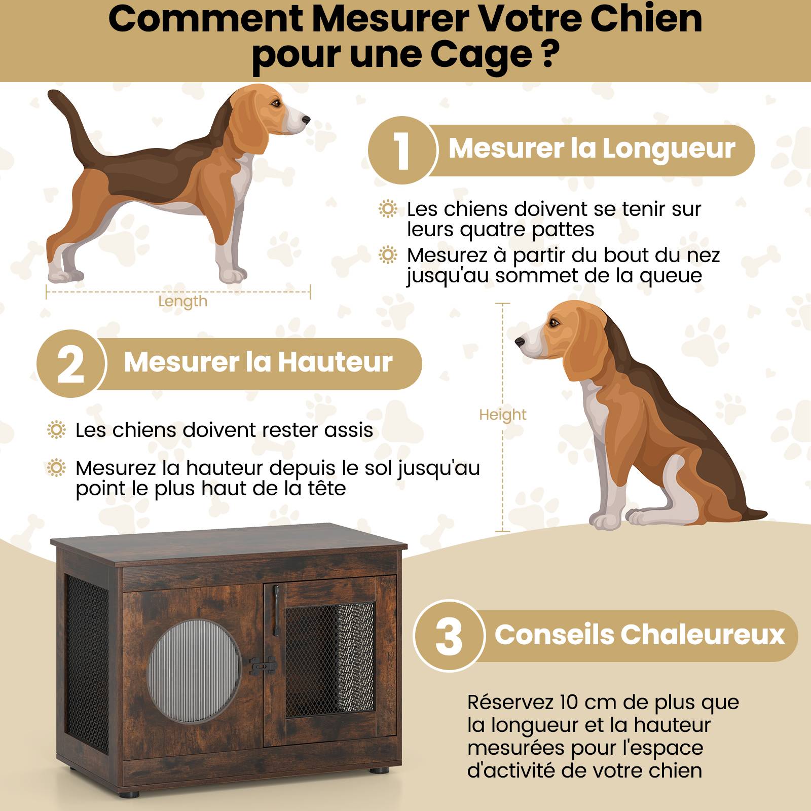 2 en 1 Cage pour Chien en Bois, Fenêtre Translucide, Verrouillage de Sécurité, Niche pour Chien Interieur, pour Petits & Moyens Chien, Brun Industriel - Image 5