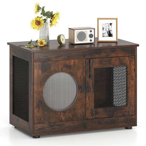 2 en 1 Cage pour Chien en Bois, Fenêtre Translucide, Verrouillage de Sécurité, Niche pour Chien Interieur, pour Petits & Moyens Chien, Brun Industriel - Image 1