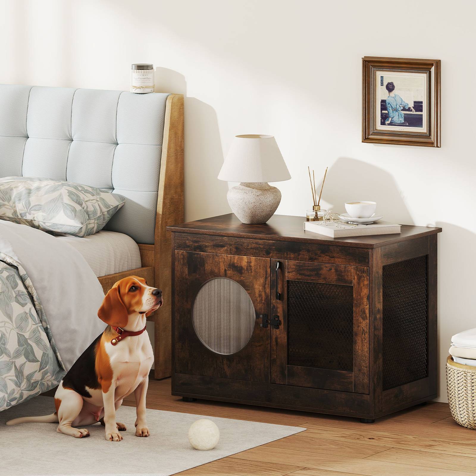2 en 1 Cage pour Chien en Bois, Fenêtre Translucide, Verrouillage de Sécurité, Niche pour Chien Interieur, pour Petits & Moyens Chien, Brun Industriel - Image 2