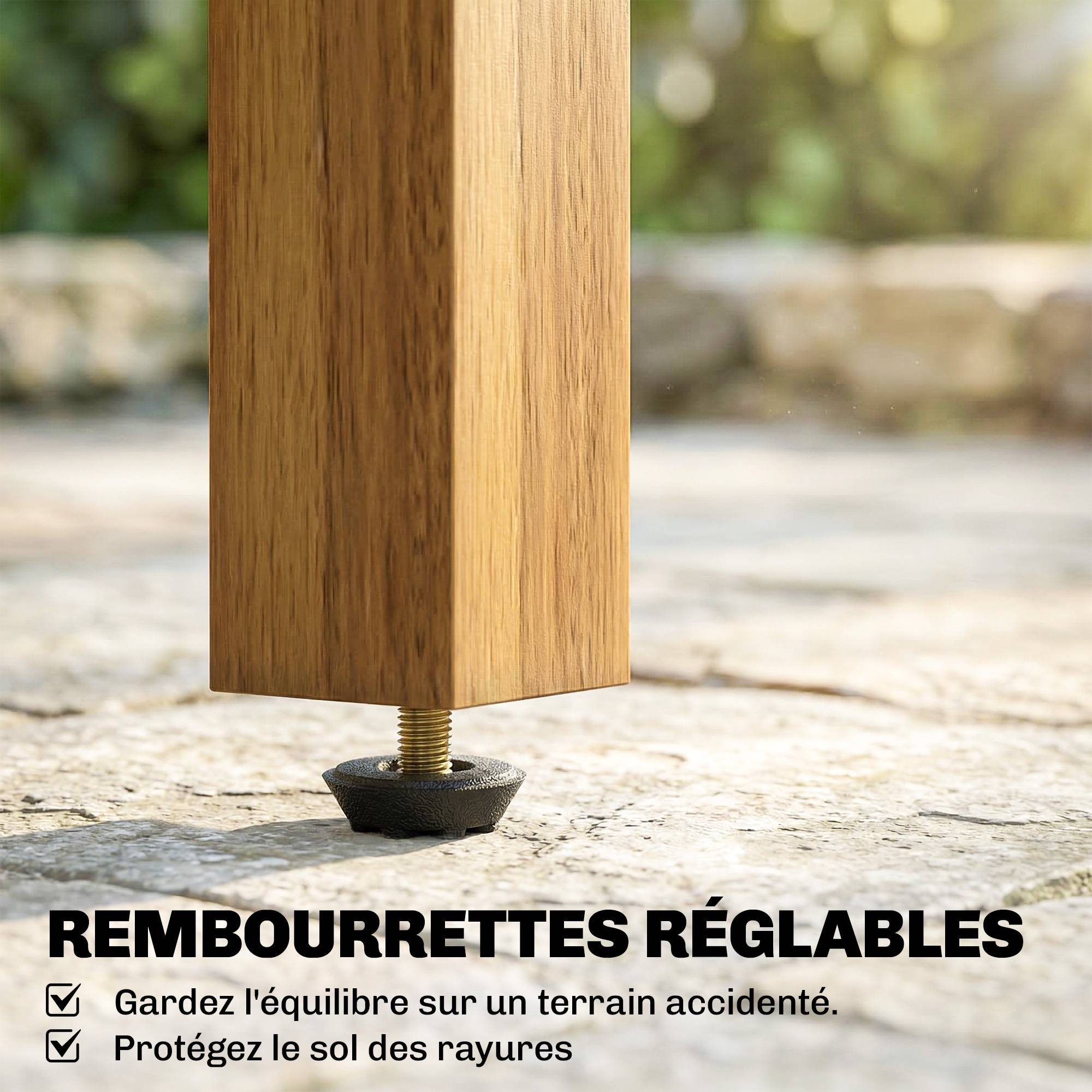 Table Basse de Jardin Carrée en Bois d'acacia Massif, avec Plateau à Lattes, Pieds Réglables, 48x48x46cm, Naturel - Image 9