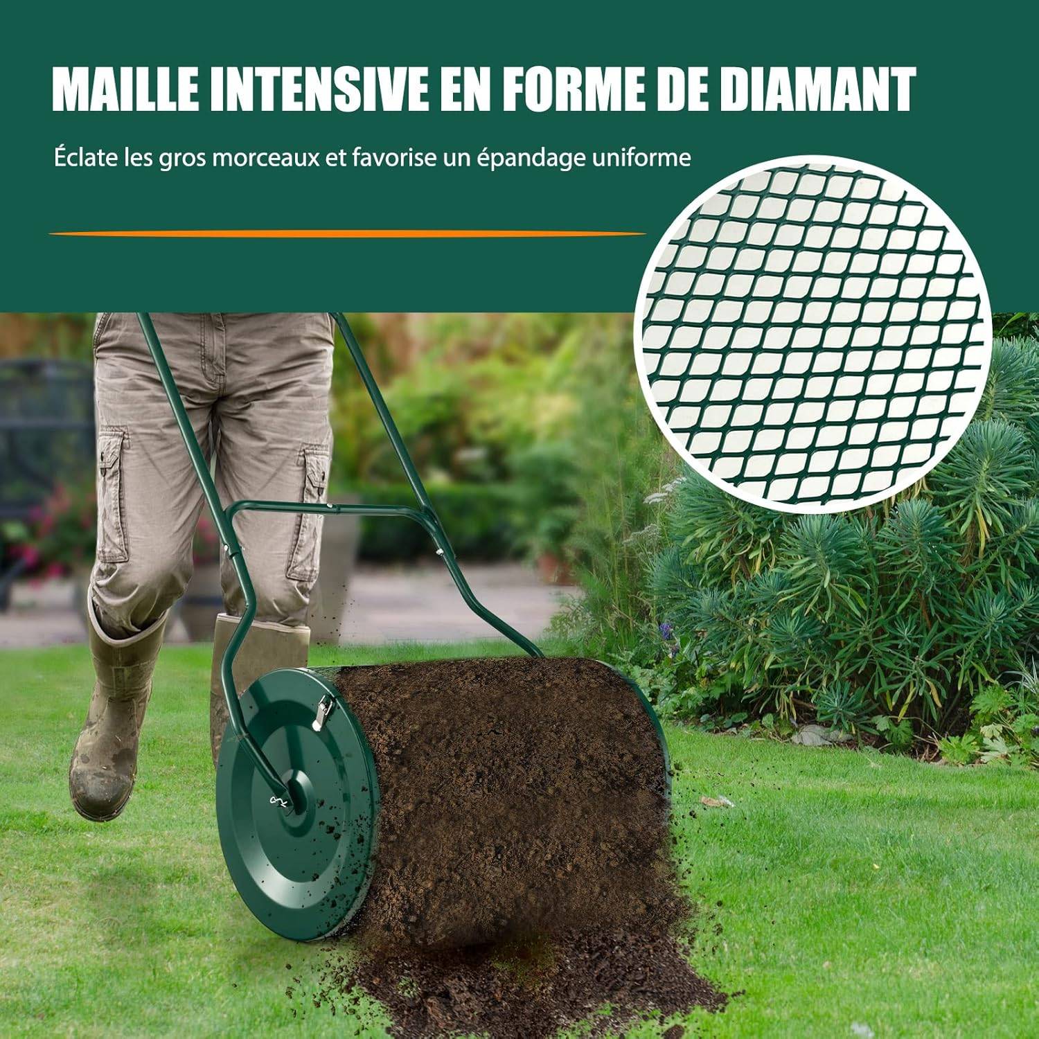 Epandeur à Engrais 60,5cm Capacité 76L Poignée en Forme U,Loquets Latéraux,Sable - Image 3
