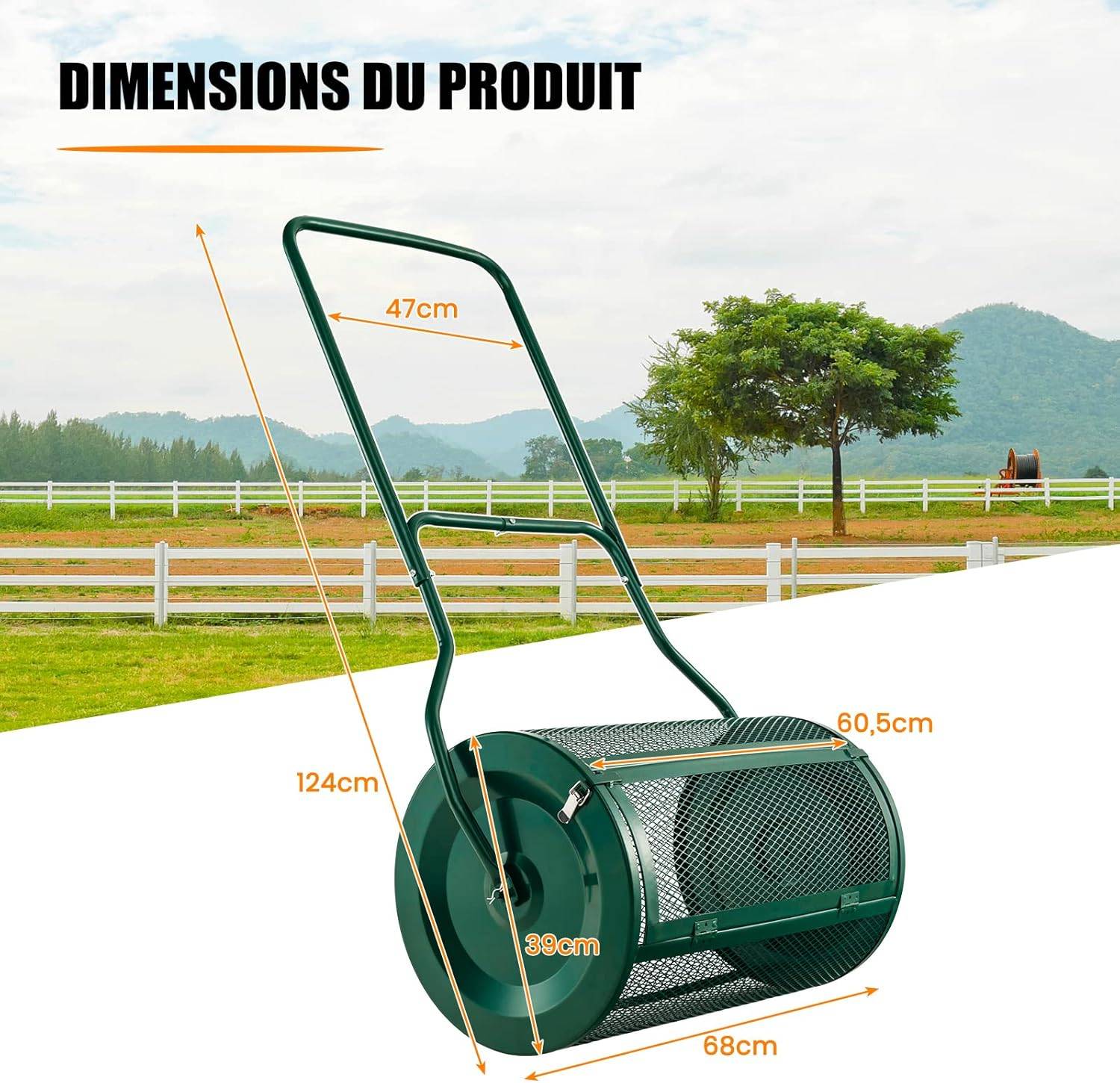 Epandeur à Engrais 60,5cm Capacité 76L Poignée en Forme U,Loquets Latéraux,Sable - Image 4