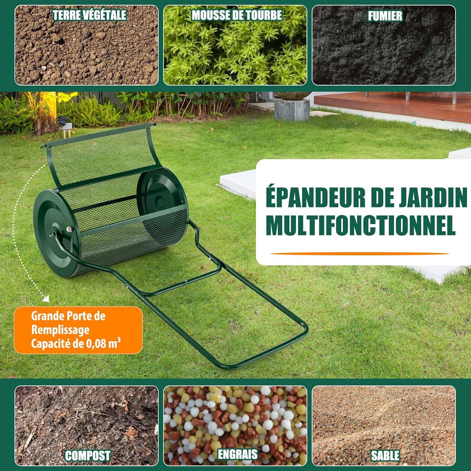 Epandeur à Engrais 60,5cm Capacité 76L Poignée en Forme U,Loquets Latéraux,Sable - Image 2