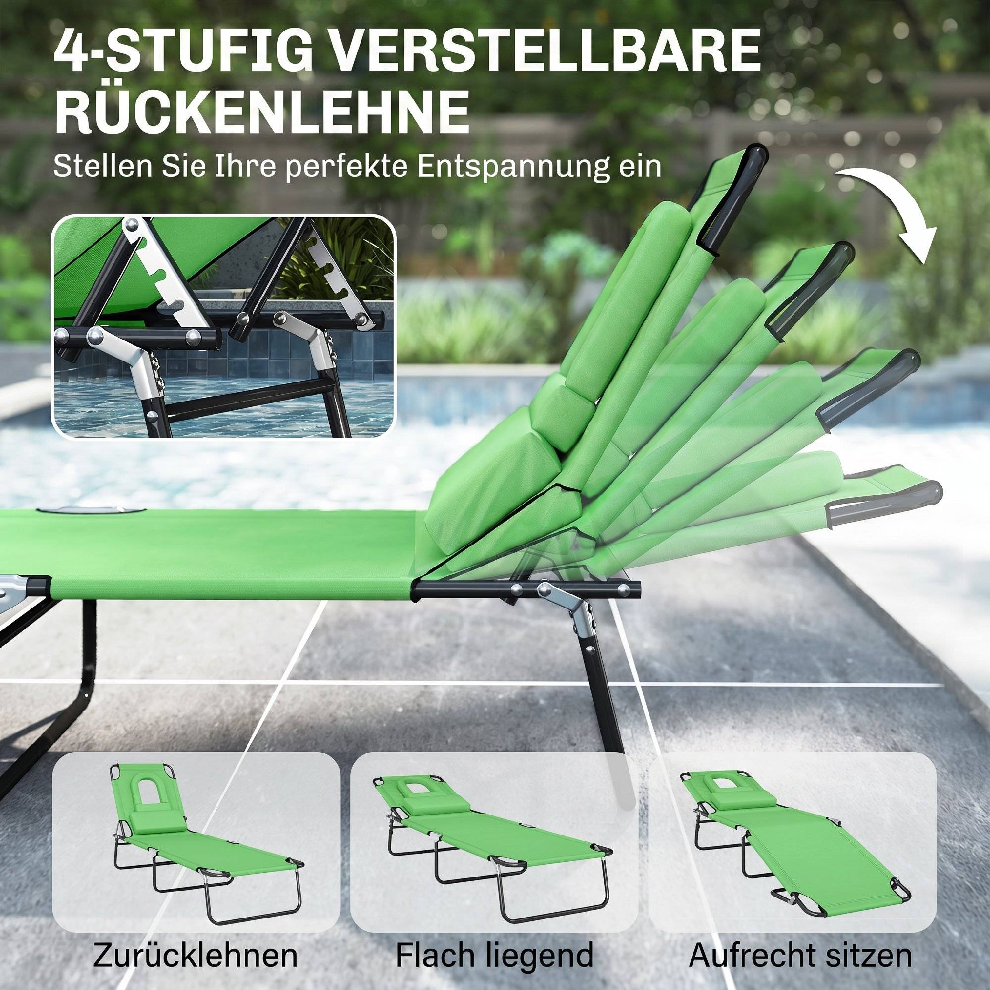 Bain de Soleil Pliable Acier Jardin Trou Visage Inclinable 187x58x36cm Vert - ComfortXL Outdoor Living - Image 7