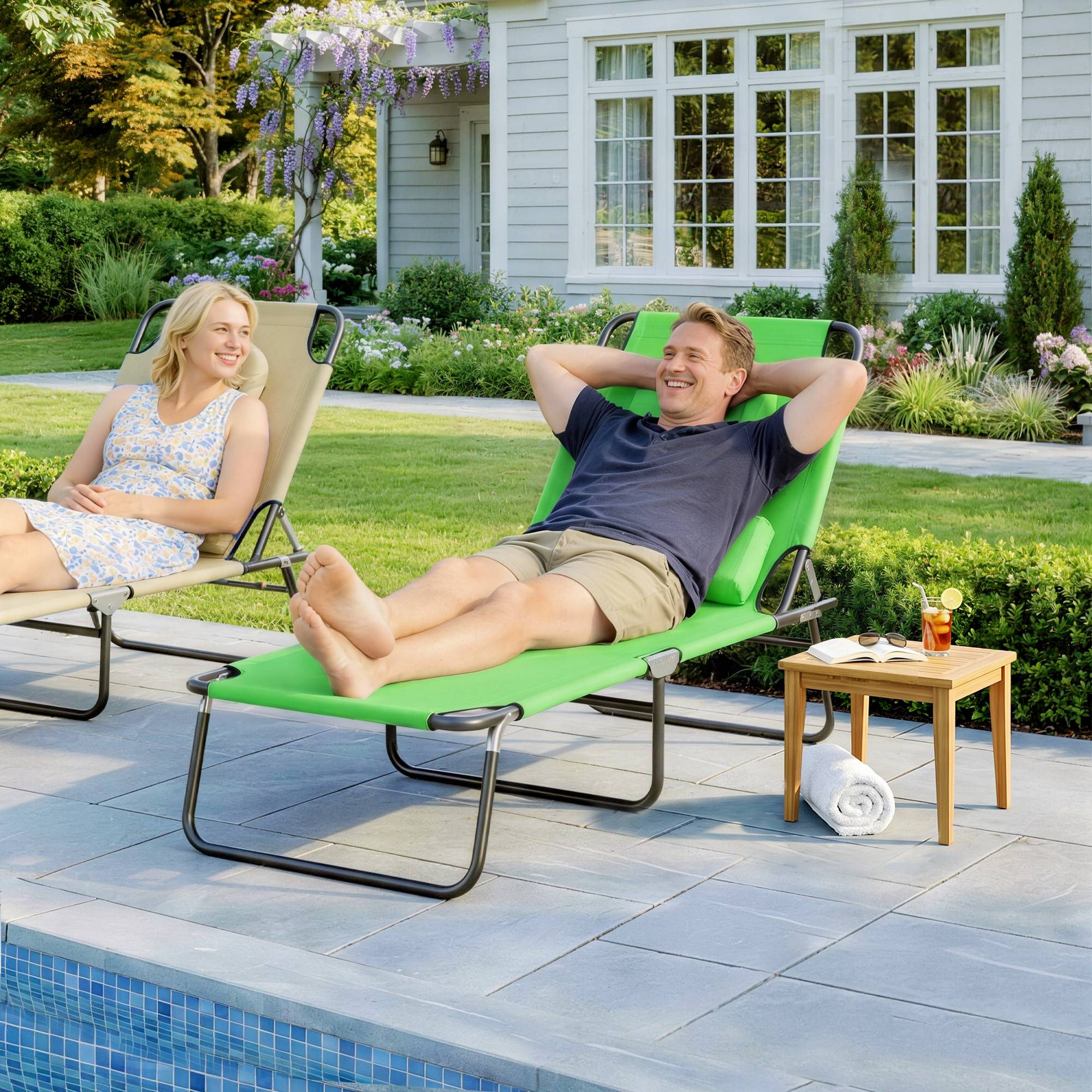 Bain de Soleil Pliable Acier Jardin Trou Visage Inclinable 187x58x36cm Vert - ComfortXL Outdoor Living - Image 4