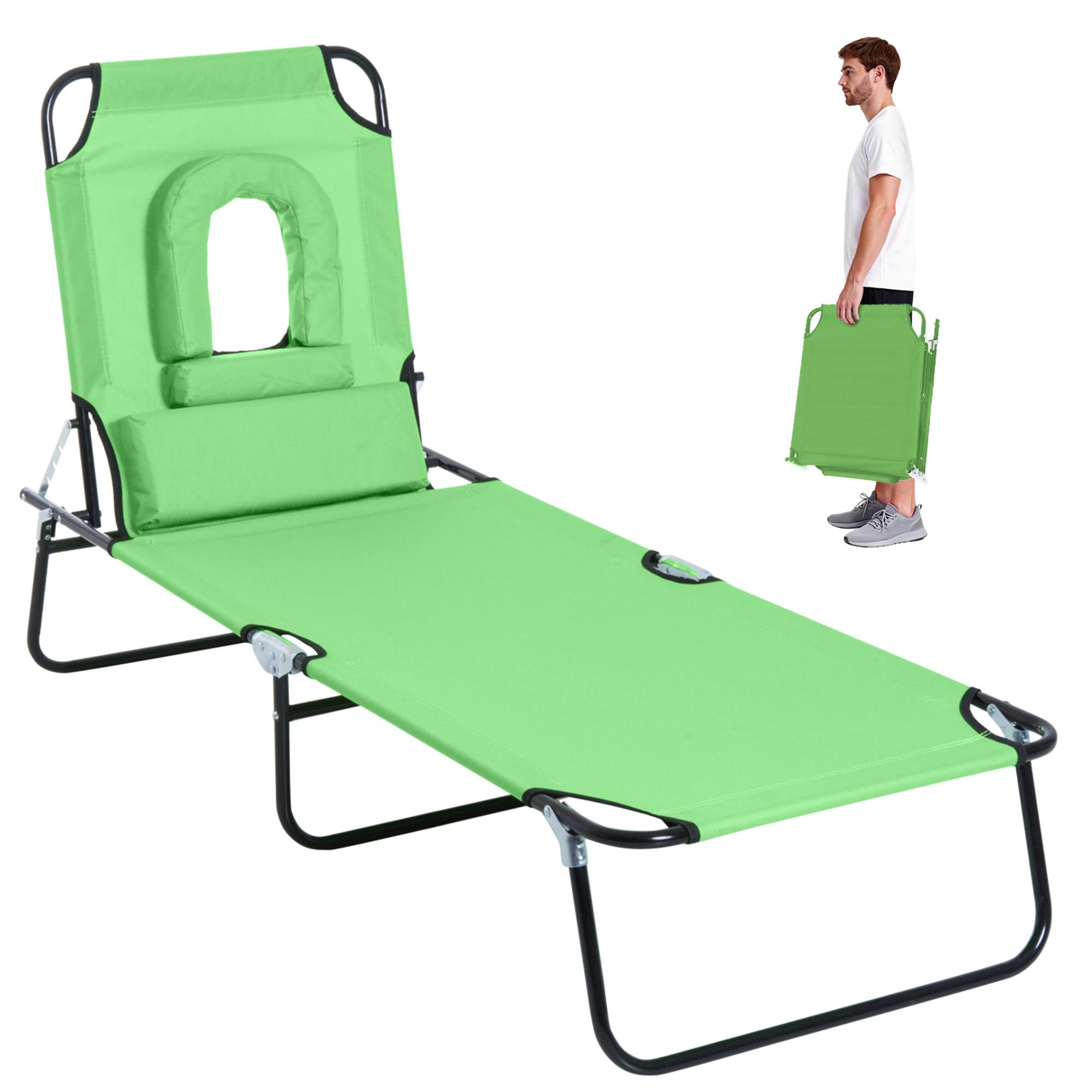 Bain de Soleil Pliable Acier Jardin Trou Visage Inclinable 187x58x36cm Vert - ComfortXL Outdoor Living - Image 1