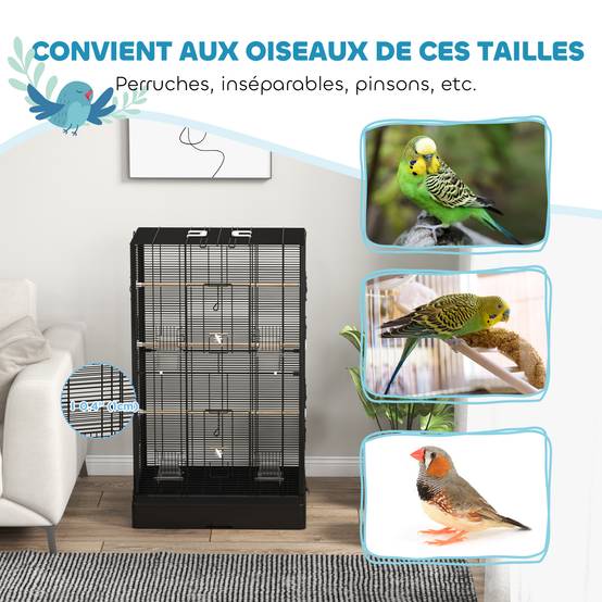 Cage à oiseaux volière avec portes perchoirs cage pour canaris perruches perroquets 61 x 36,5 x 98 cm noir - Image 8