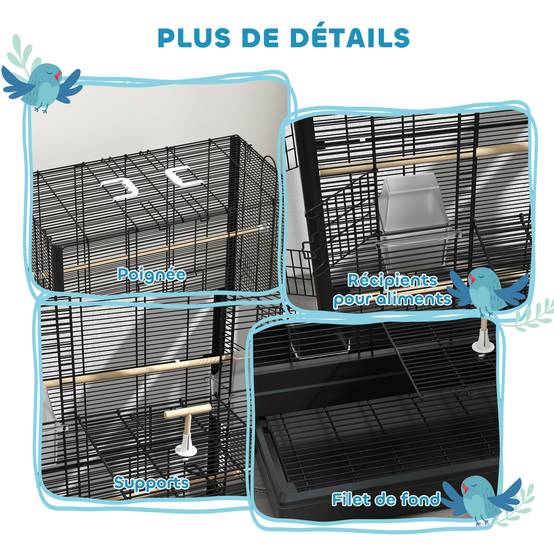 Cage à oiseaux volière avec portes perchoirs cage pour canaris perruches perroquets 61 x 36,5 x 98 cm noir - Image 9