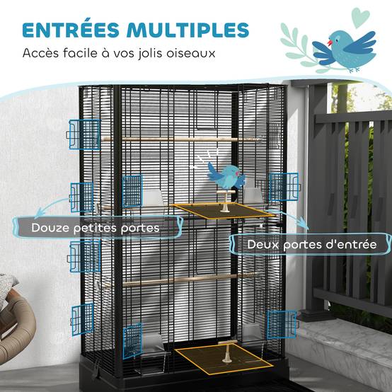 Cage à oiseaux volière avec portes perchoirs cage pour canaris perruches perroquets 61 x 36,5 x 98 cm noir - Image 7