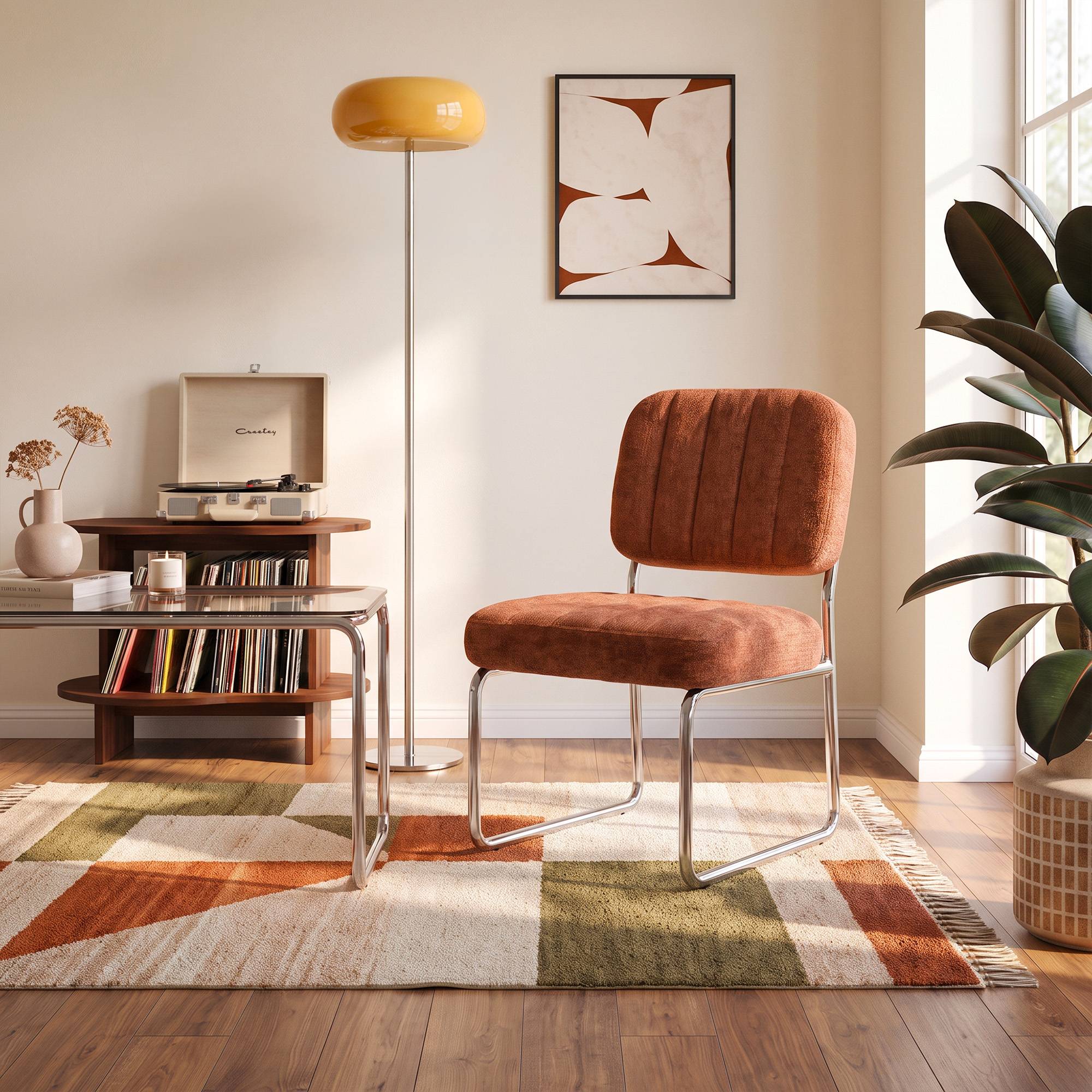 Sicaan Fauteuil terracotta rembourré pieds chromés et tissu chenille - PAOLA - Image 5