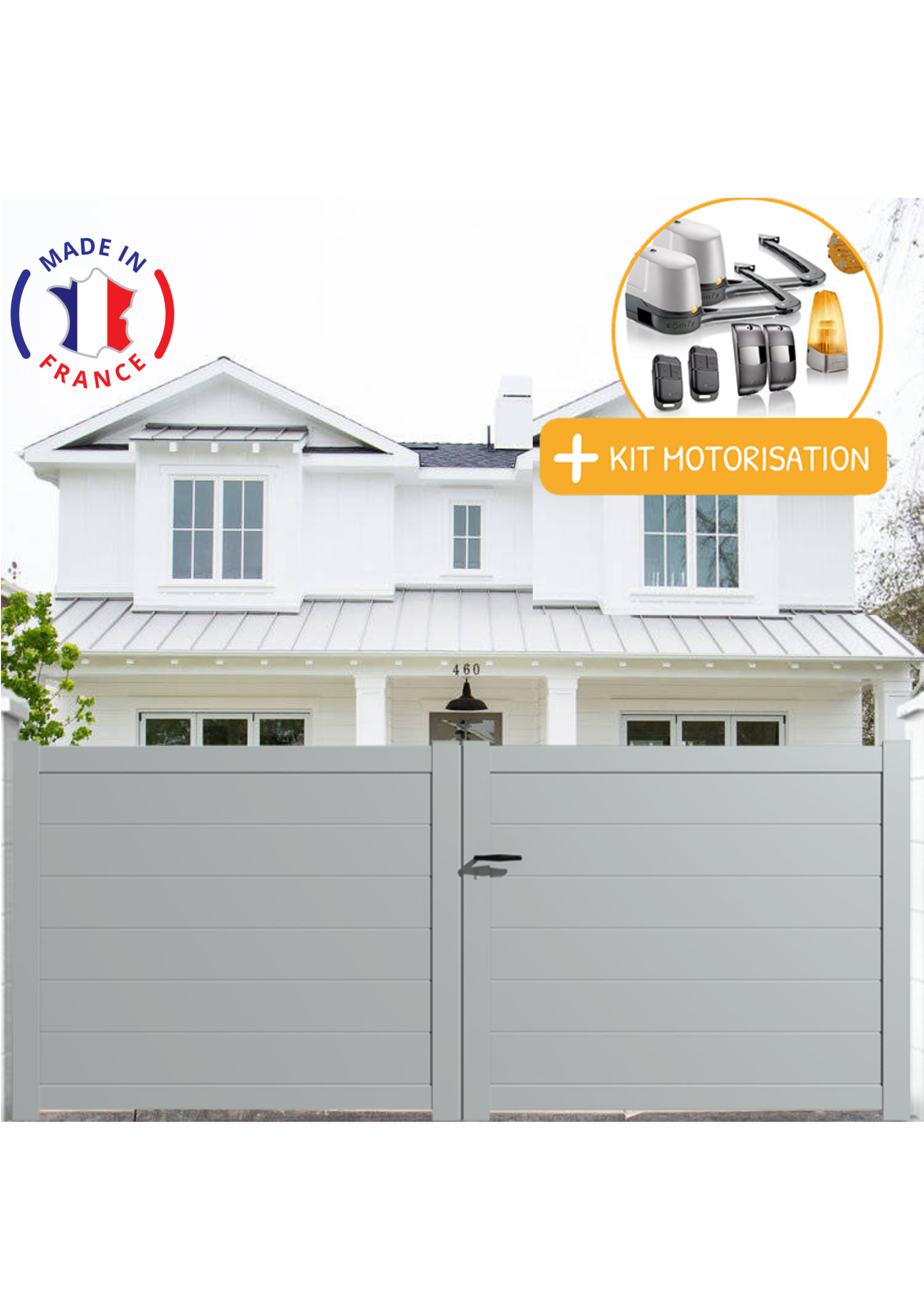 Portail Packit - Portail alu battant plein en kit +MOT dim. L.4000 (entre piliers ) X H.1700 mmMOT LOCKYVIA (à bras)  Gris Lumière (RAL 7035)