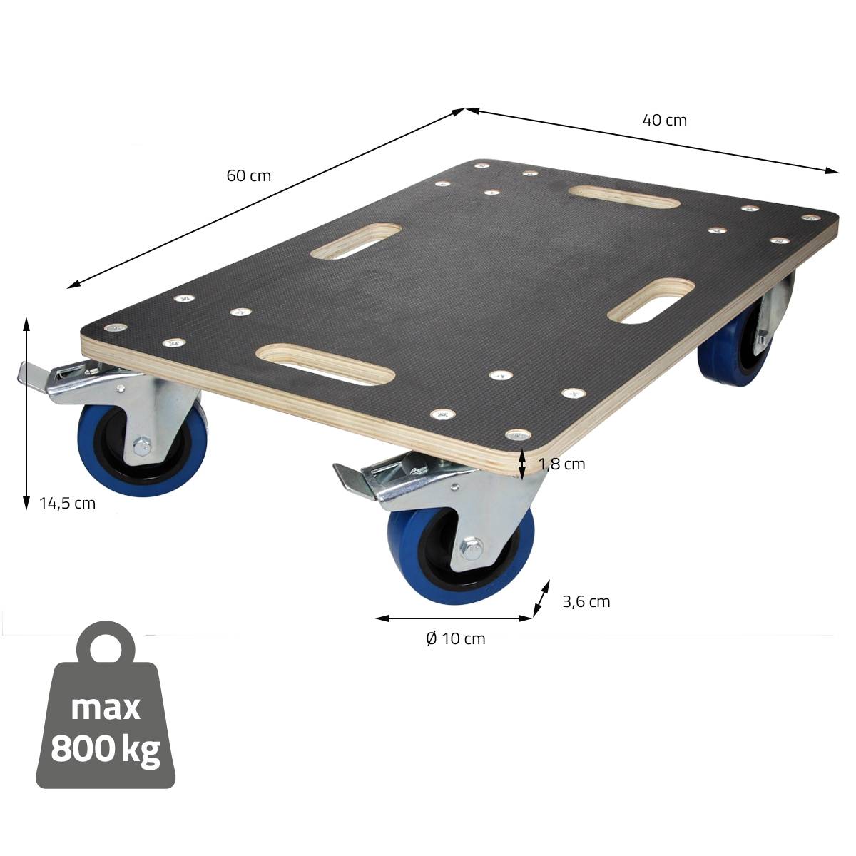 Ecd-Germany - Lot de 2 chariots de transport avec 2 freins 40x60 cm capacité 800 kg plateau contreplaqué antidérapant roulettes en PP pour meubles et déménagement - Imagen 7