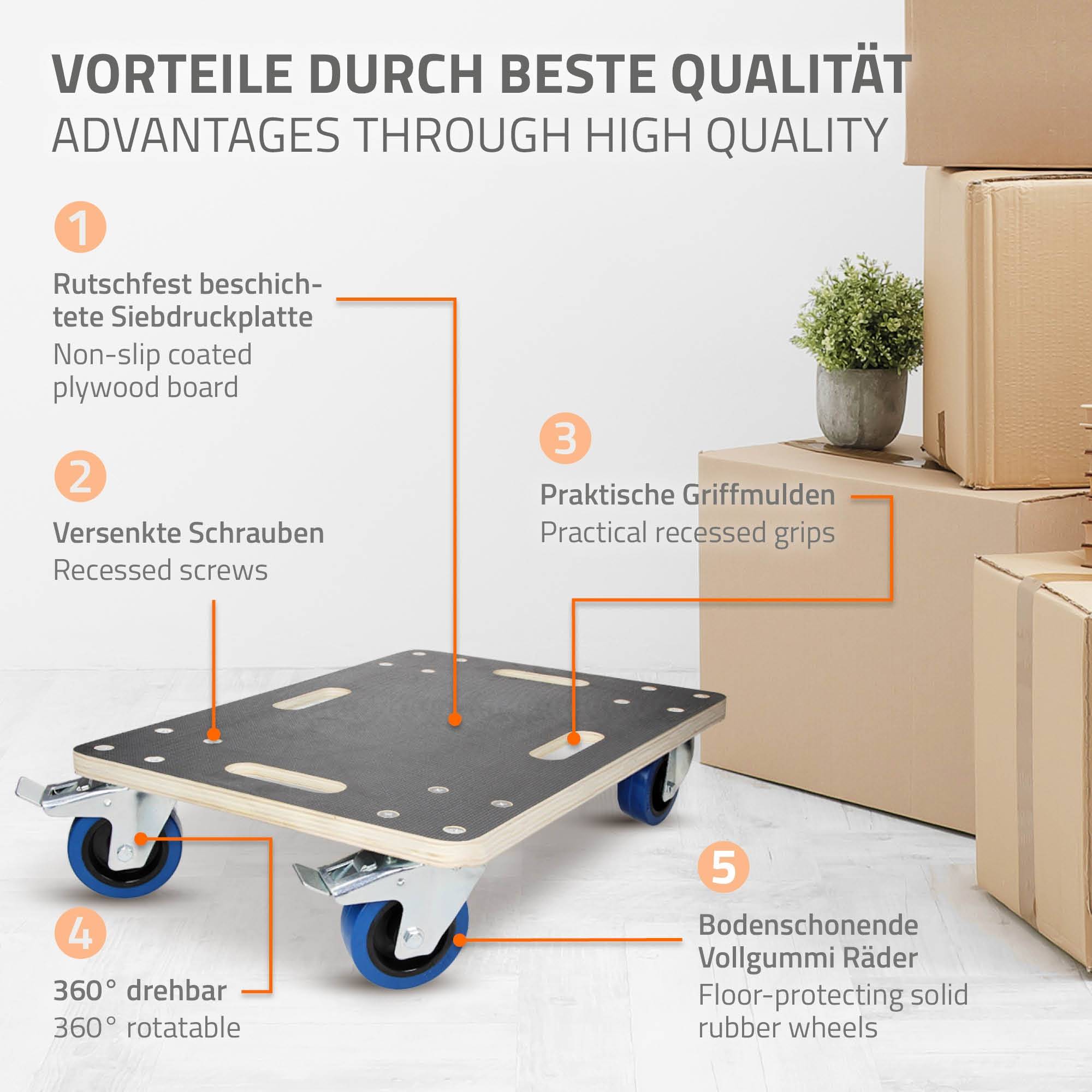 Ecd-Germany - Lot de 2 chariots de transport avec 2 freins 40x60 cm capacité 800 kg plateau contreplaqué antidérapant roulettes en PP pour meubles et déménagement - Imagen 3
