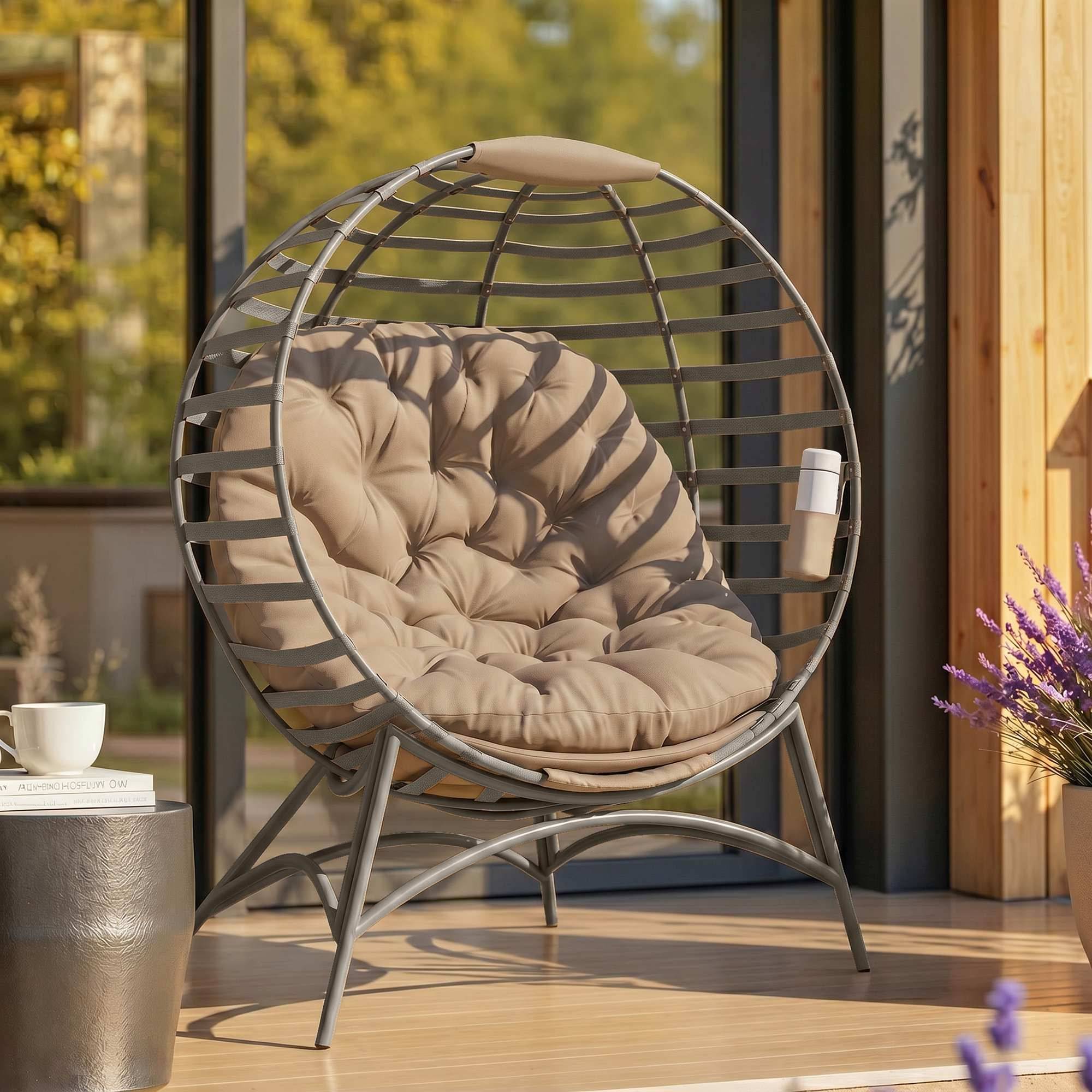 ComfortXL - Fauteuil Papasan acier et polyester sable 118 x 77 x 139 cm intérieur extérieur pliable avec coussin